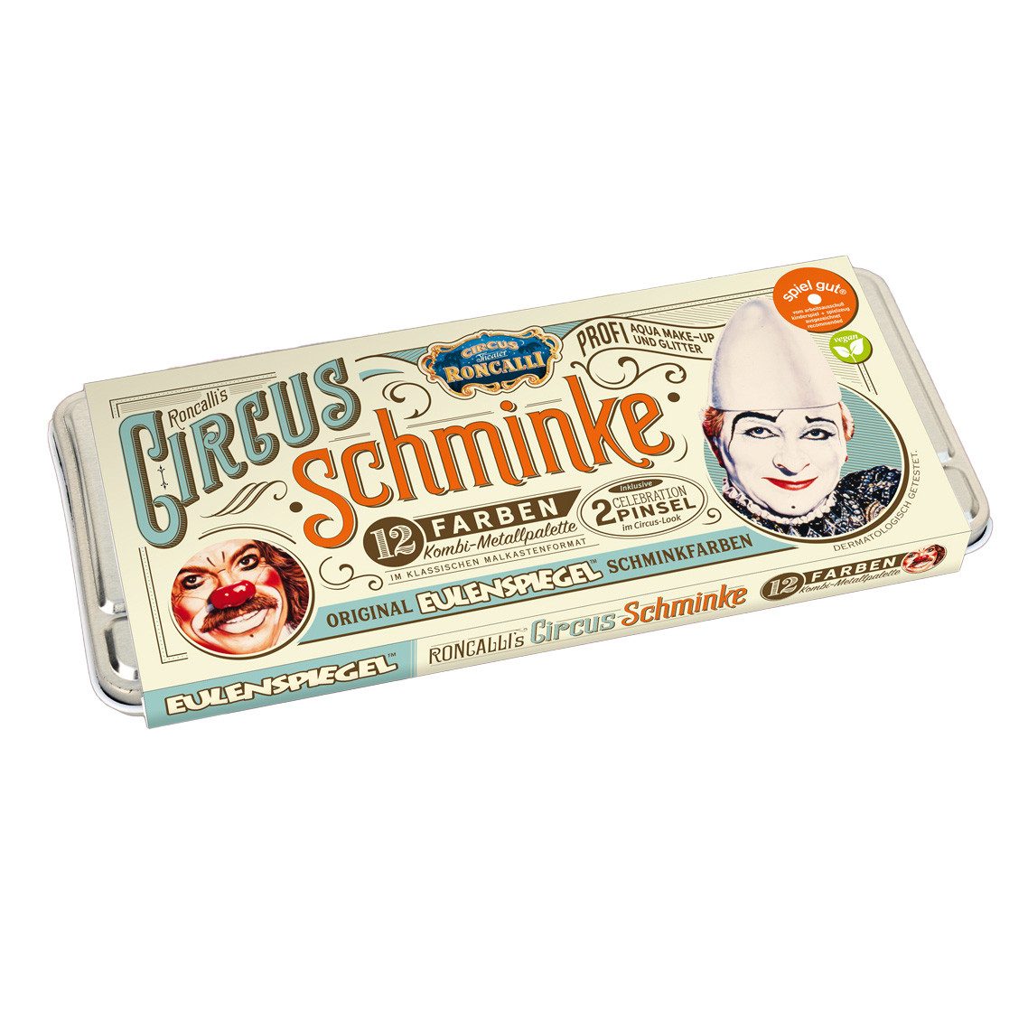 Eulenspiegel Theater Schminkpalette Metall-Palette Circus Roncalli u.a mit 10 Farben und 2xGlitzer (1-tlg), Made in Germany, dermatologisch getestet