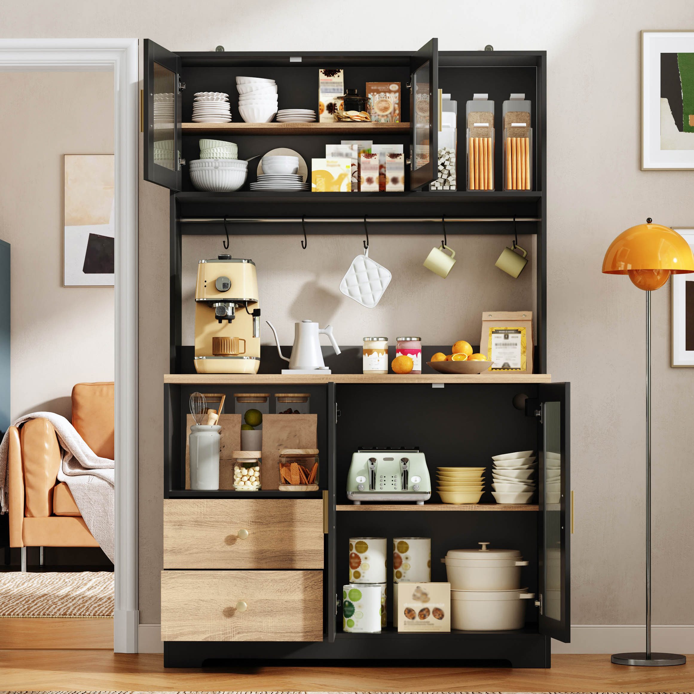 Flieks Küchenbuffet Hochschrank mit Arbeitsplatte in Holzoptik, Steckdose, LED-Beleuchtung (B110/T40/H178 cm, 1-St., Multifunktionsschrank mit Haken, Ladenfunkt – Bild 2 von 5