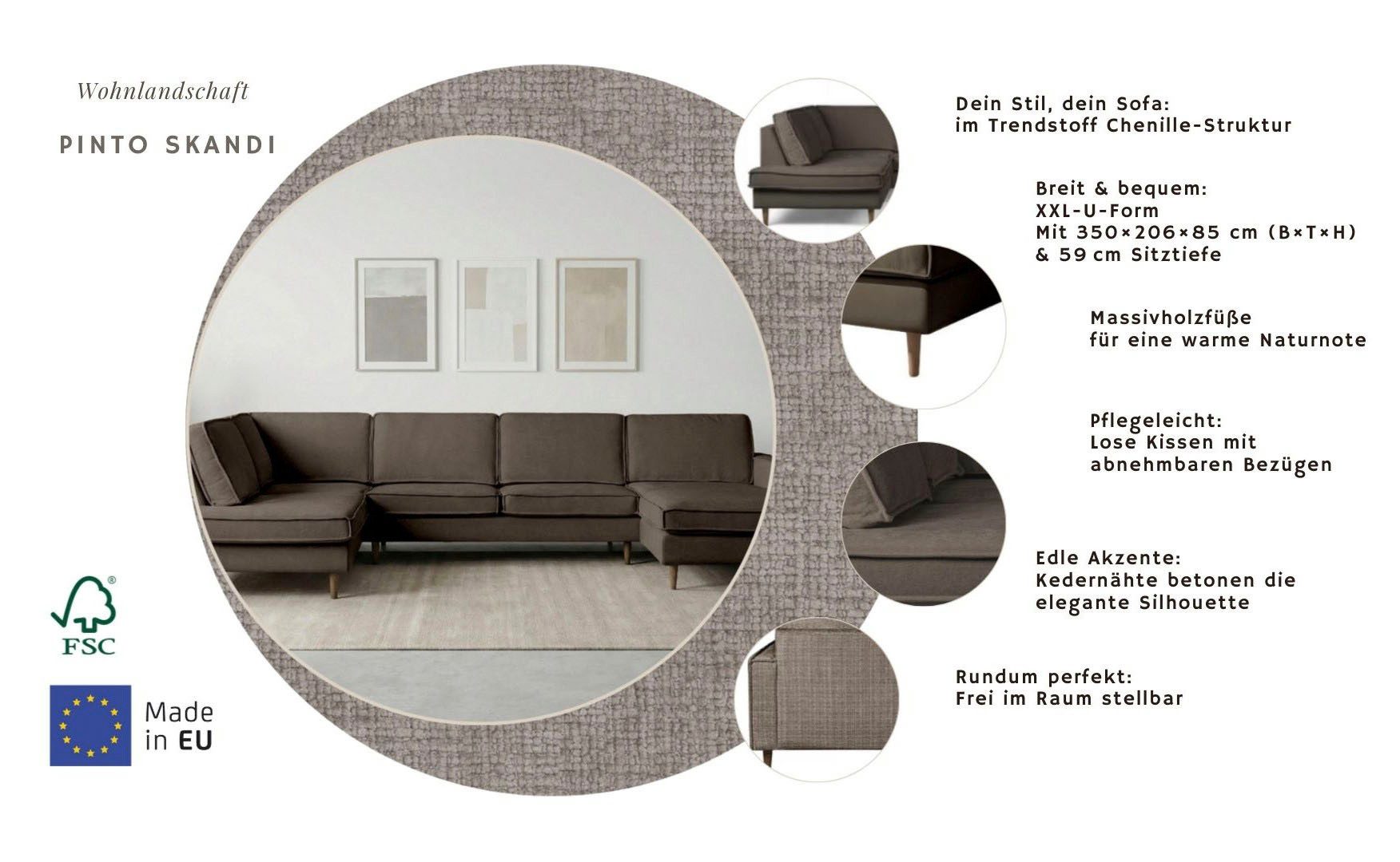 Home affaire Wohnlandschaft Pinto Skandi, 350 cm, U-Form, XXL, mit Ottomanen, mit Keder, Massivholzfüße Eiche geräuchert, Wellenunterfederung