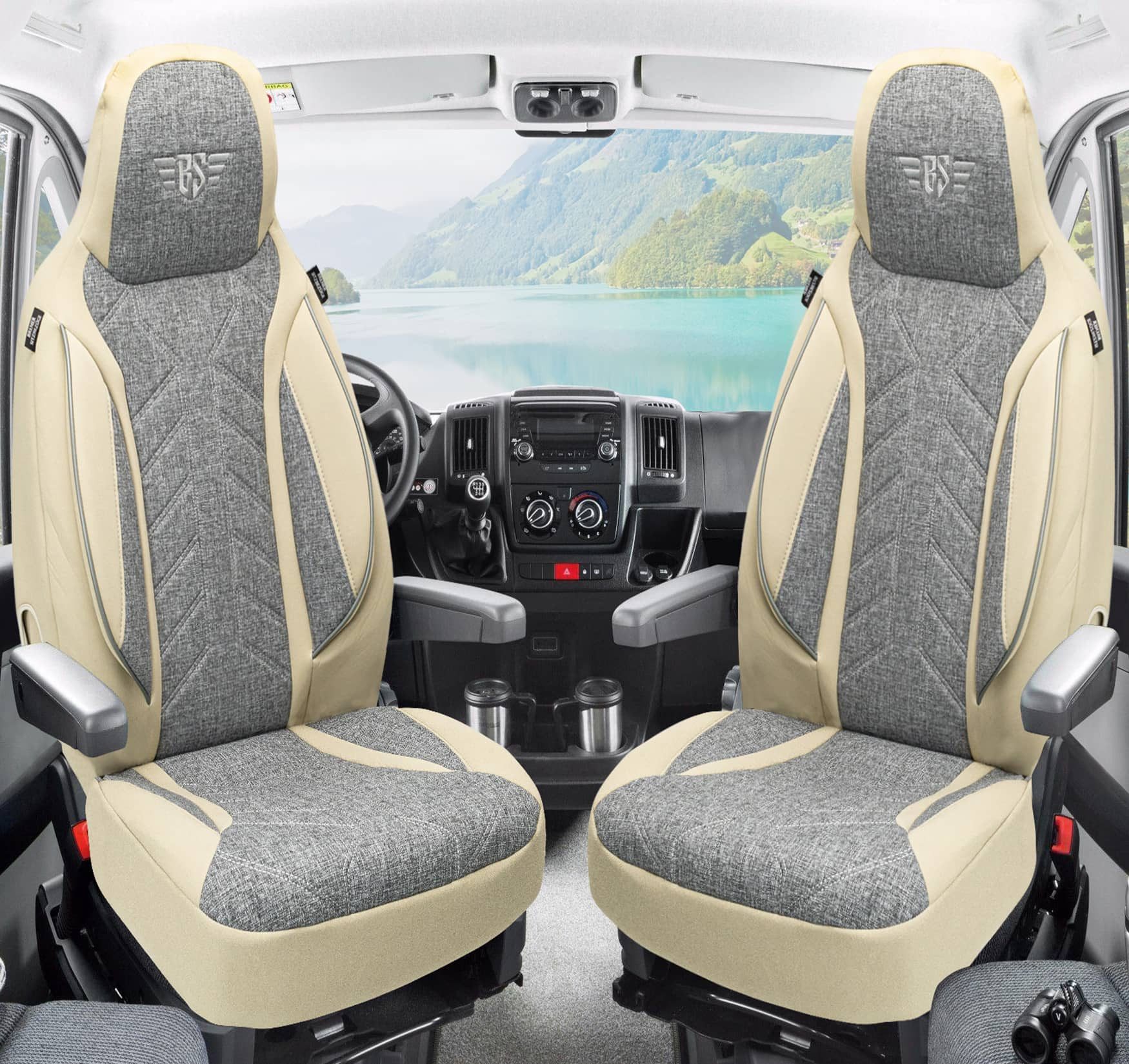 BREMER SITZBEZÜGE Autositzbezug für Chausson Van (PLKT209), Set, 2-tlg., Schonbezüge Sitzbezüge Fahrer und Beifahrer, in Grau/Beige