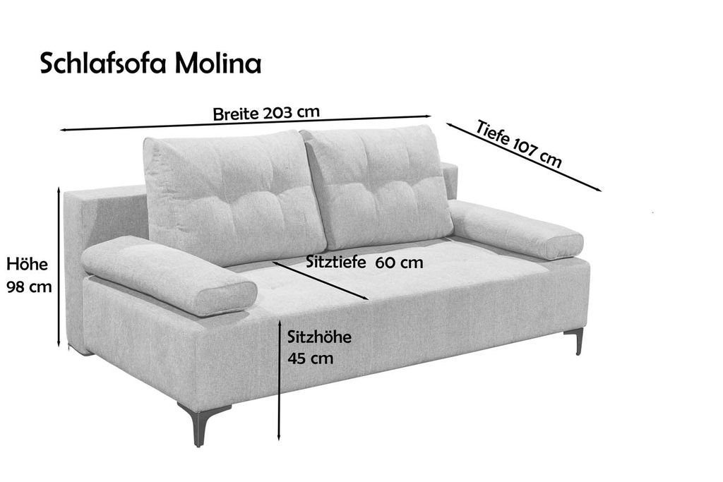 Sofa DESIGN EXCITING Schlafsofa Molina Couch x Espresso Polstergarnitur 107 ED cm 203 Schlafsofa,