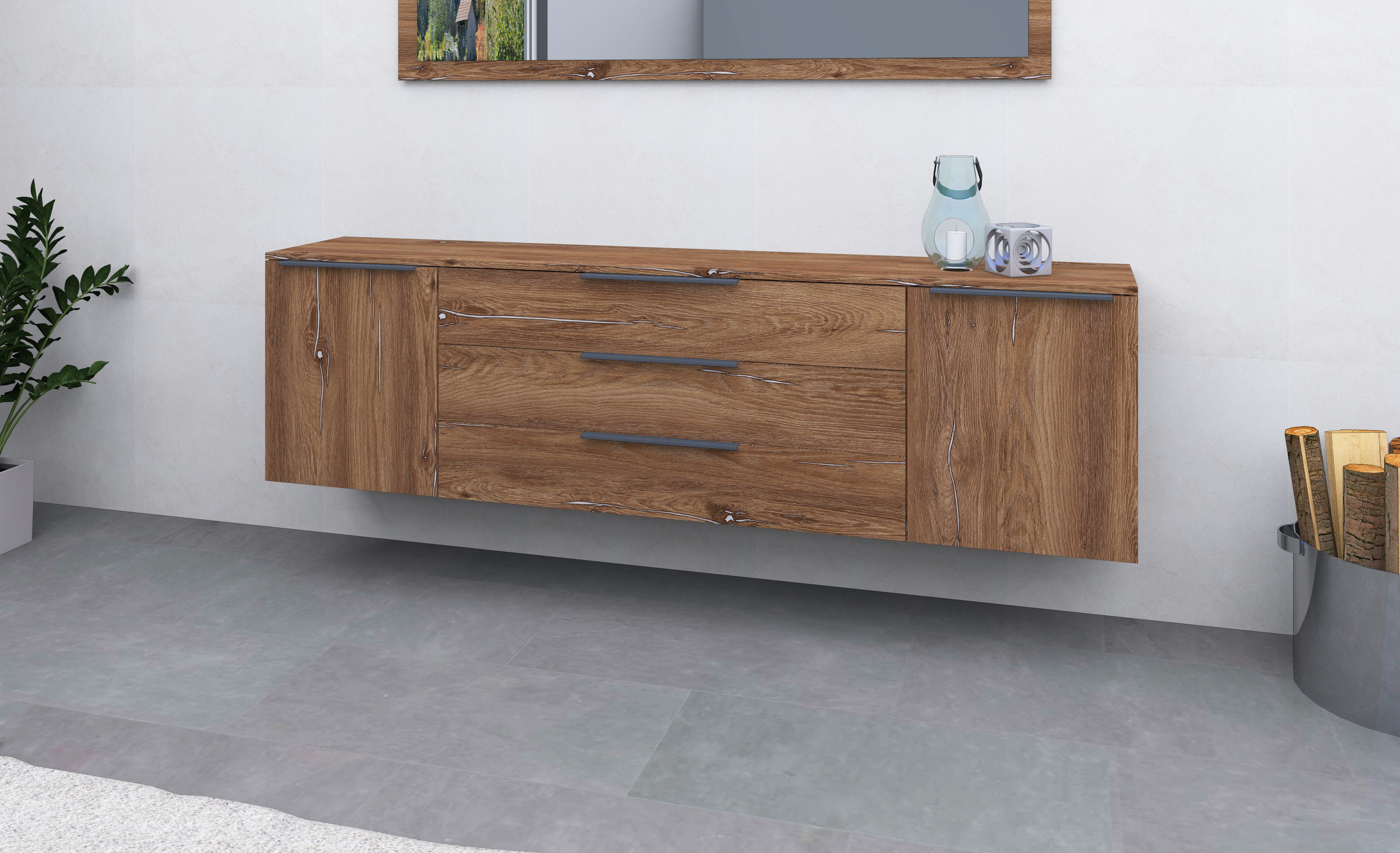 borchardt Möbel Sideboard Tom, Kommode Breite 200cm, hängend oder stehend mit Metallgriffen, 2 Türen 3 Schubkästen, verstellbare Einlegeböden