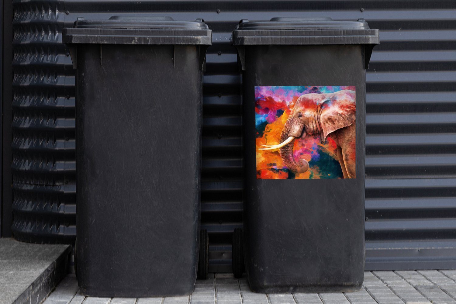 Öl - MuchoWow (1 - Gemälde Sticker, Regenbogen Elefant Mülleimer-aufkleber, St), Container, Abfalbehälter Mülltonne, - Wandsticker