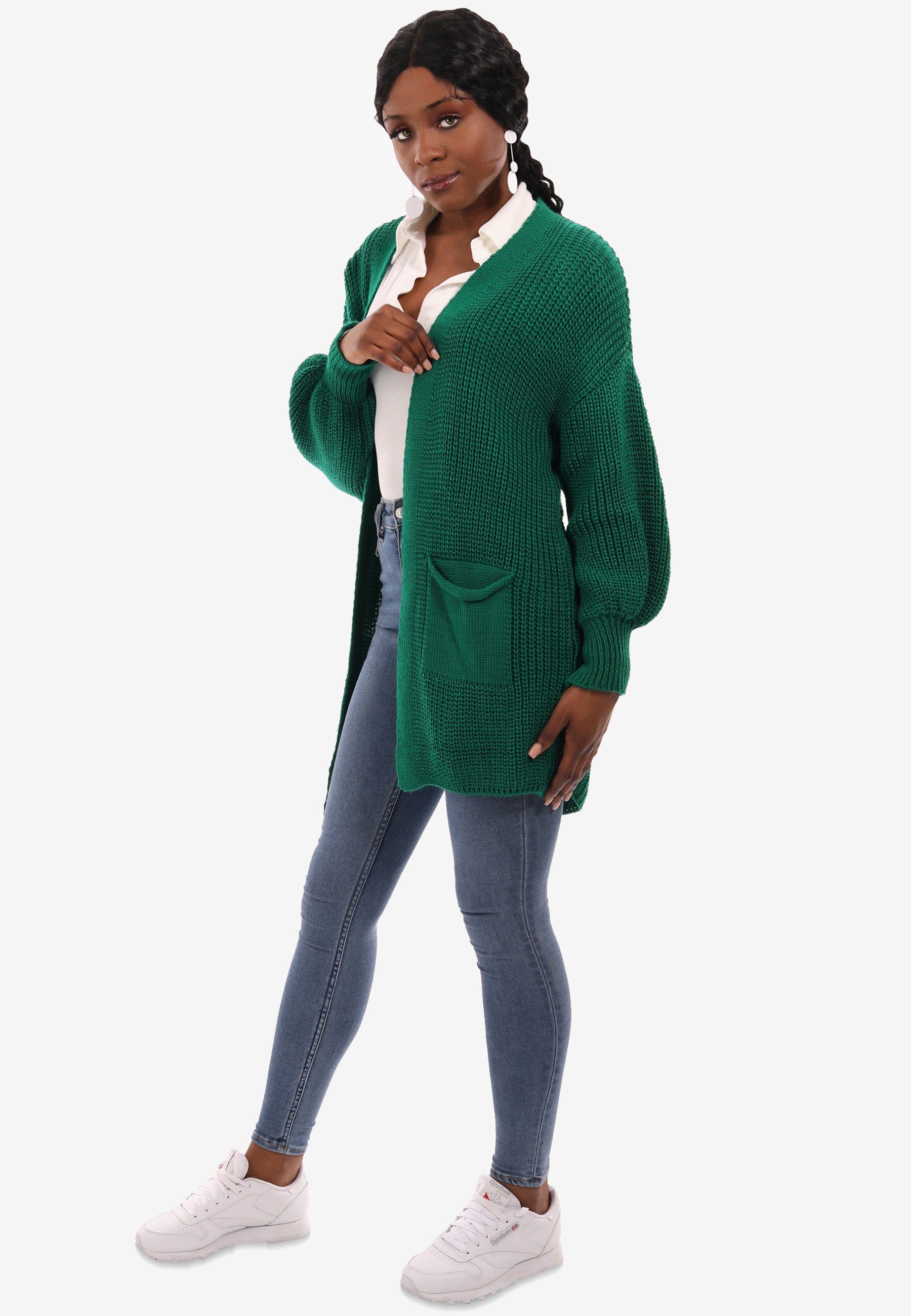 YC Fashion & Style Cardigan in Unifarbe, Size aufgesetzten grün mit mit Strick-Cardigan Taschen One Taschen