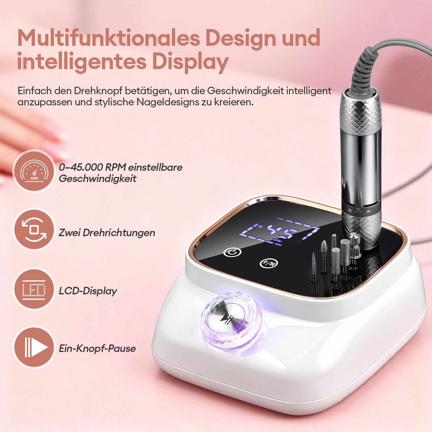 CkeyiN Pro Maniküre-Pediküre-Set Profi Nagelfräser 45000RPM,Fräser für Gelnägel, mit Lcd-Display,Nagelfeile Maniküre Pediküre Zubehör Set, für den Heimgebrauch und Nagelstudios