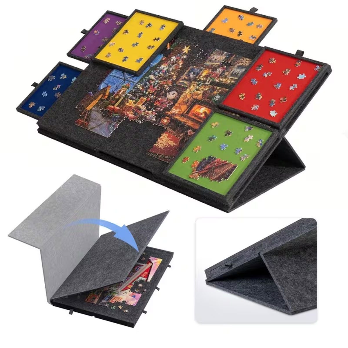 Pdgrid Puzzleunterlage Filz-Puzzleplattform mit 2-in-1-Ständer und Abdeckung tragbarer, mit 6 Schubladen für Erwachsene, bis zu 1000 Teile