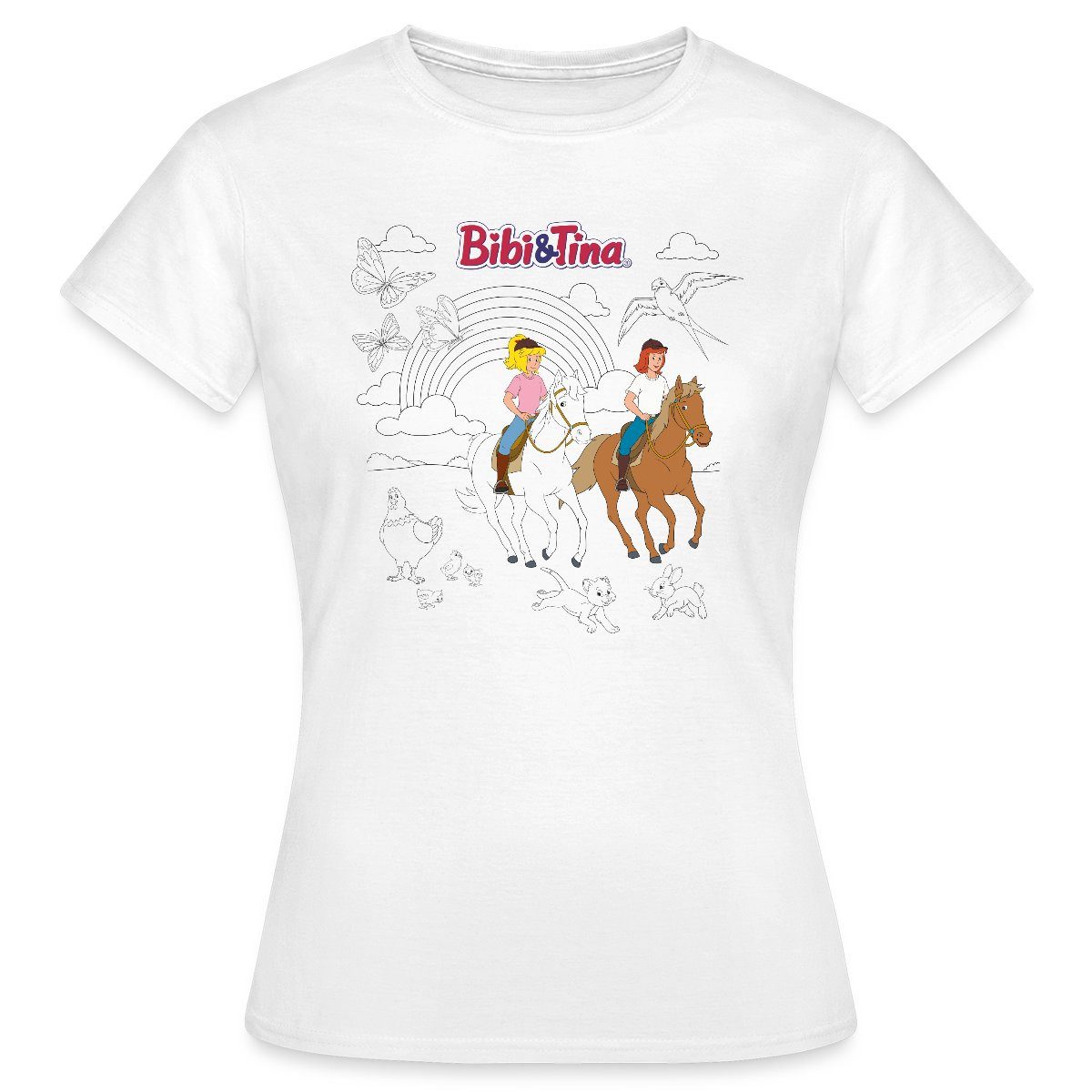 Spreadshirt T-Shirt Bibi & Tina Ausmalmotiv Mit Pferden Frauen T-Shirt (1-tlg)