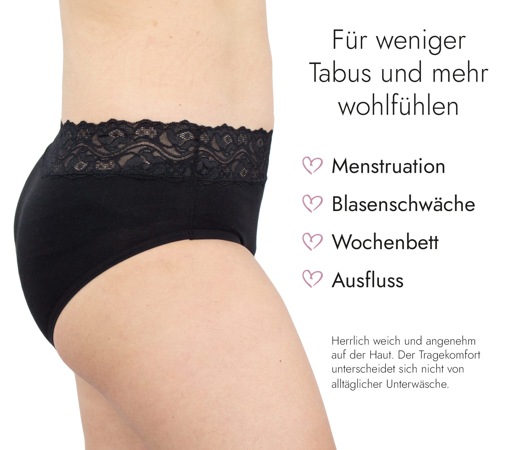 Hydas Inkontinenzslip mit elegantem Spitzenbund und integrierter Saugeinlage, aus Baumwolle Schutz bei Blasenschwäche, während der Periode oder im Wochenbett