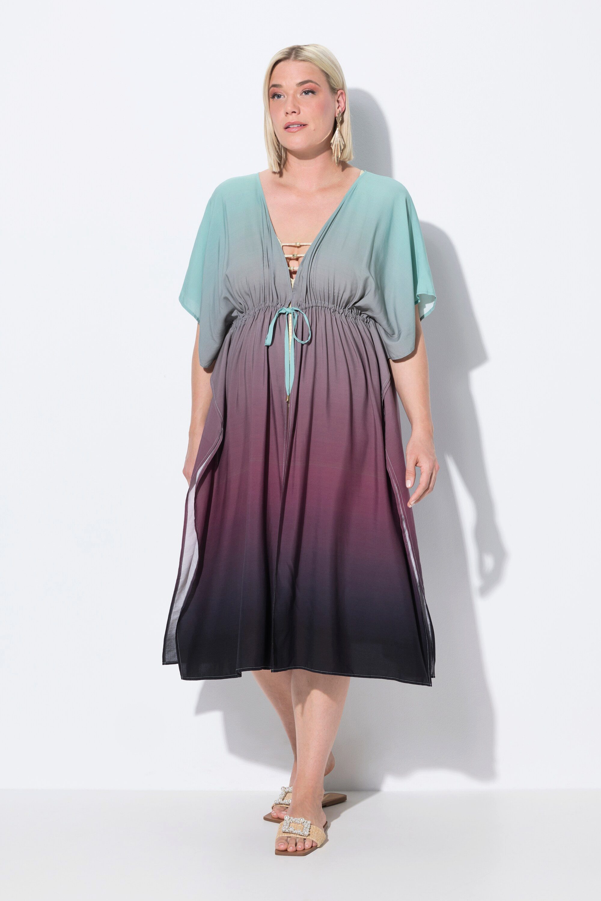 Ulla Popken Strandkleid Kaftan Farbverlauf Palmen V-Ausschnitt Halbarm günstig online kaufen