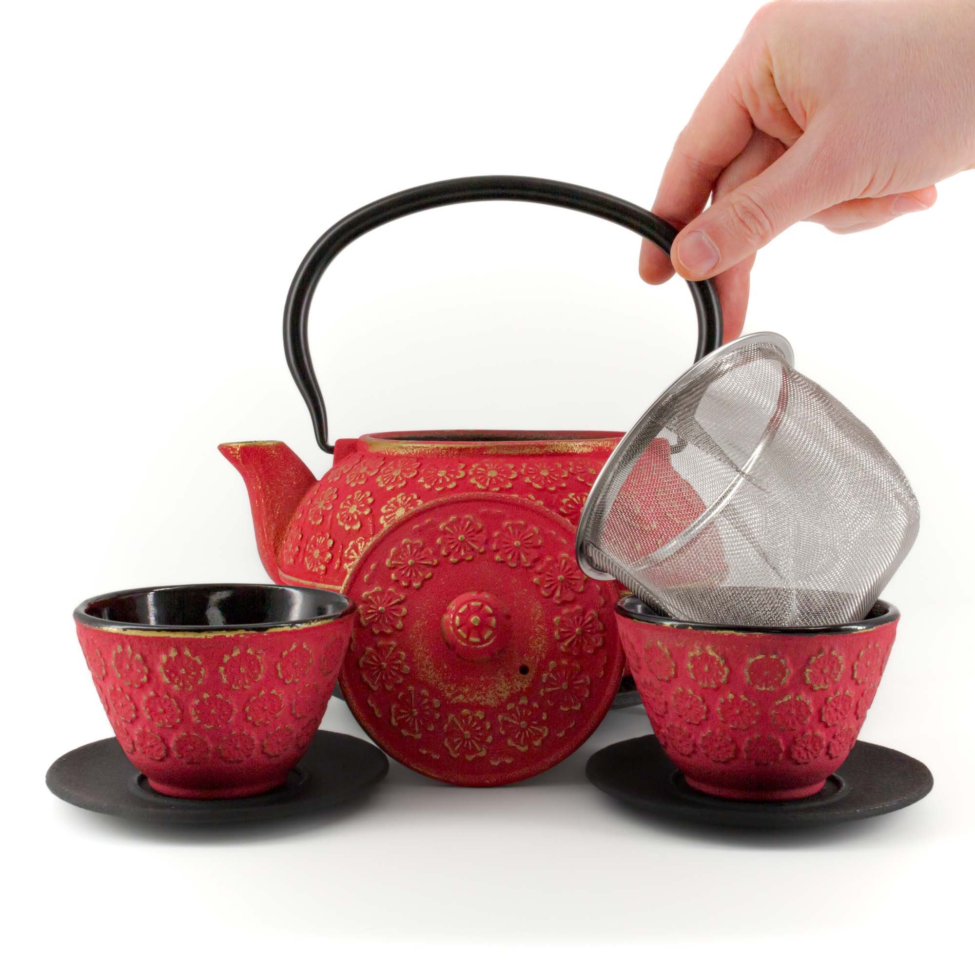 teayumi Teekanne SAKURA Tetsubin Komplett-Set Gusseisenkanne 900 ml Rotgold, 0.9 l, (Komplett-Set, 8-teilig), mit herausnehmbaren Edelstahlsieb, mit Henkel
