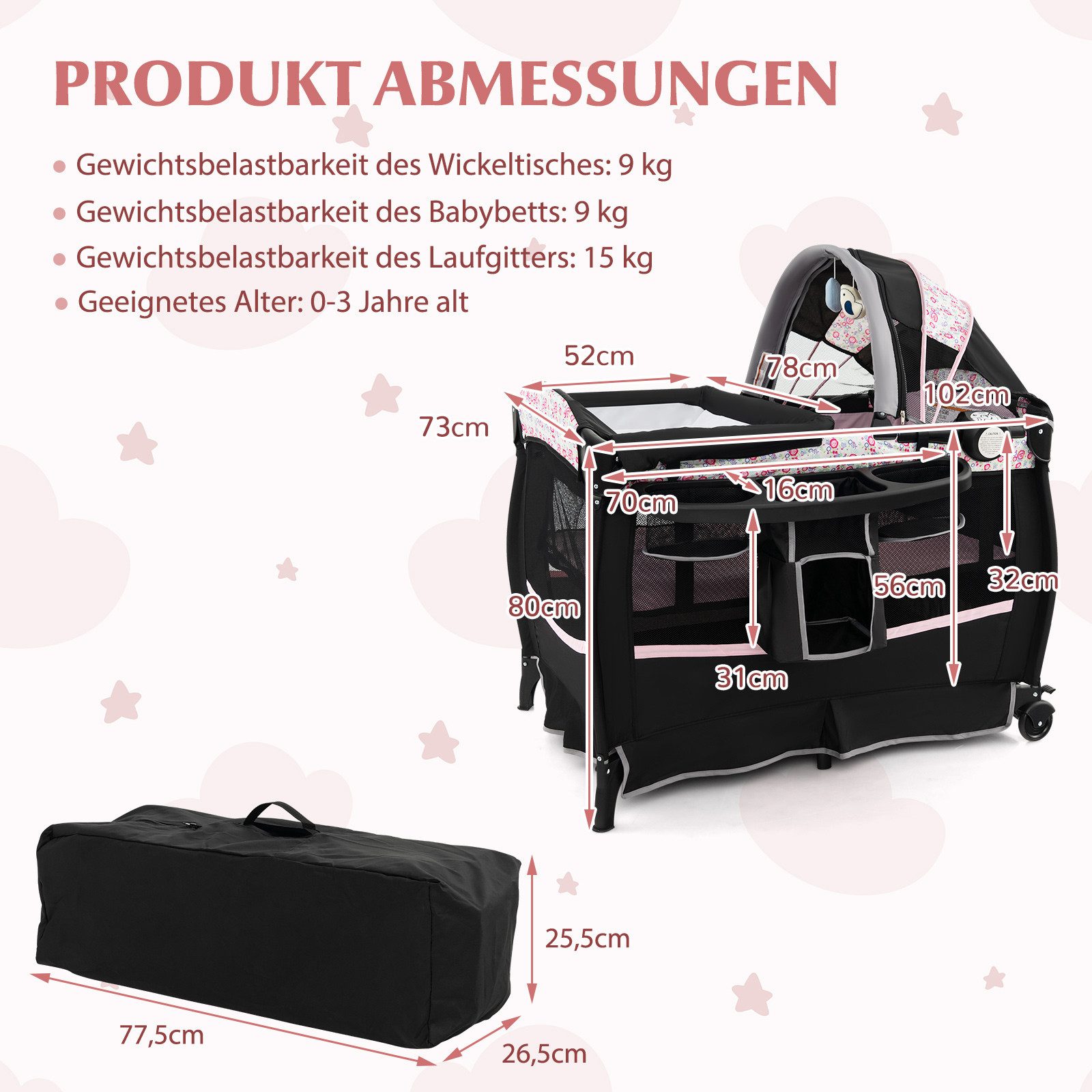 COSTWAY Baby-Reisebett, 4 in 1 Kinder Reisebett, Wickeltisch mit Vordach