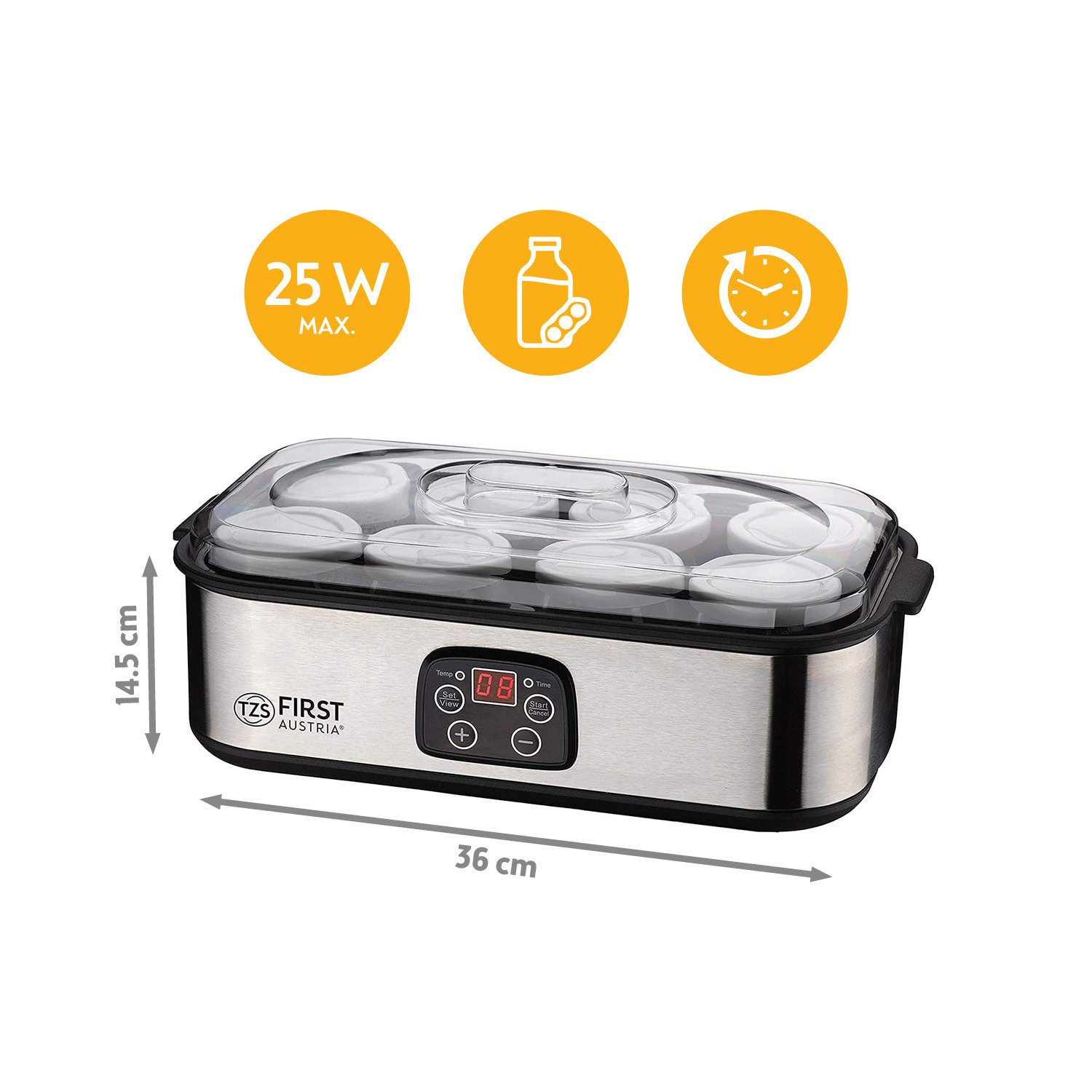 TZS FIRST AUSTRIA Joghurtbereiter Elektischer Joghurtbereiter, Joghurt Maker, 25 W, 8 Gläser, 190 ml, LCD-Display, Temperatureinstellung, Timer- und Auto-Stop-Funktion