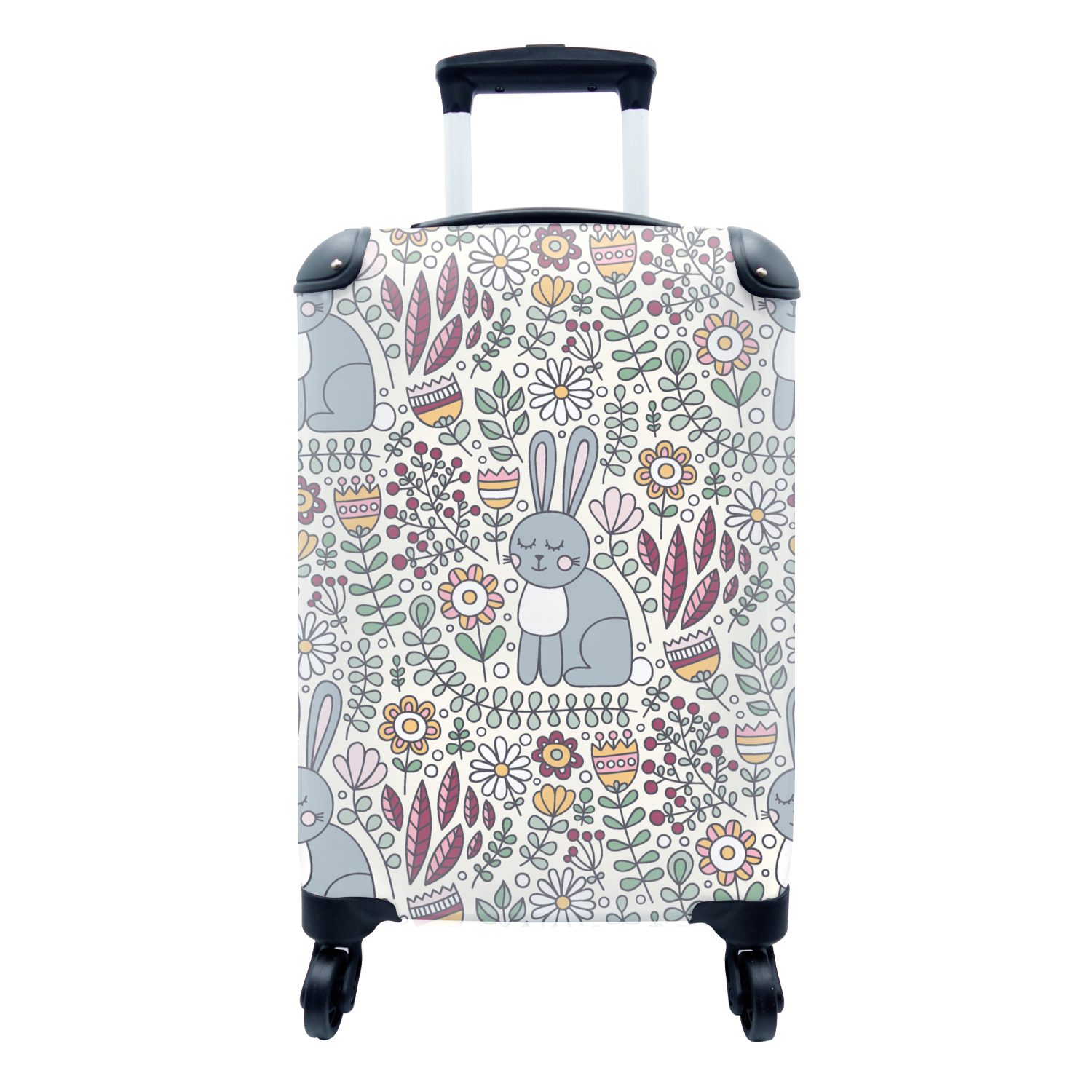 MuchoWow Handgepäckkoffer Kaninchen - Blumen - Regenbogen - Kinder - Design, 4 Rollen, Reisetasche mit rollen, Handgepäck für Ferien, Trolley, Reisekoffer