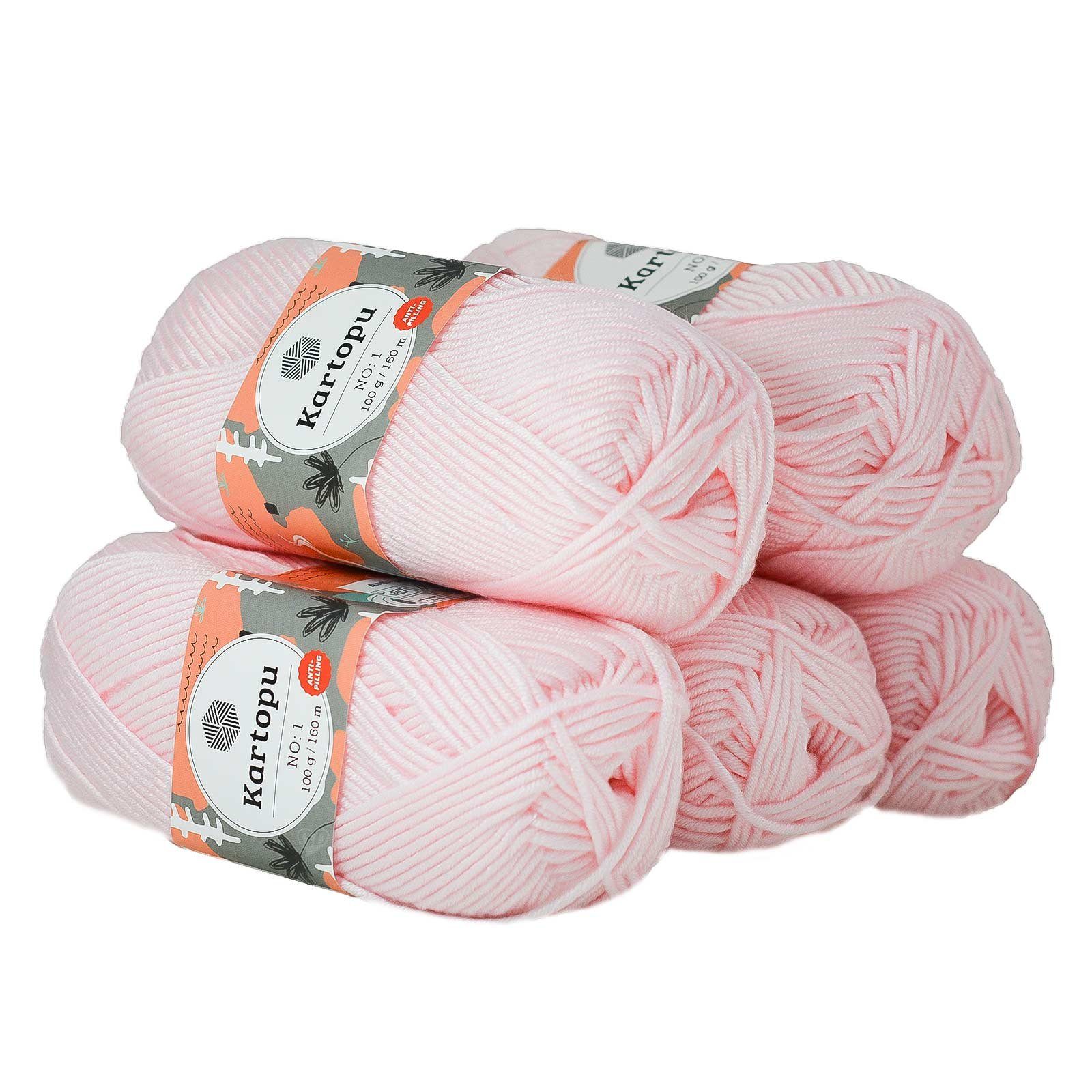 maDDma 5 x 100g Strickwolle Kartopu NO:1 Polyacryl-Wolle Anti Pilling Effekt Häkelwolle, 160 m, K255 babyrosa