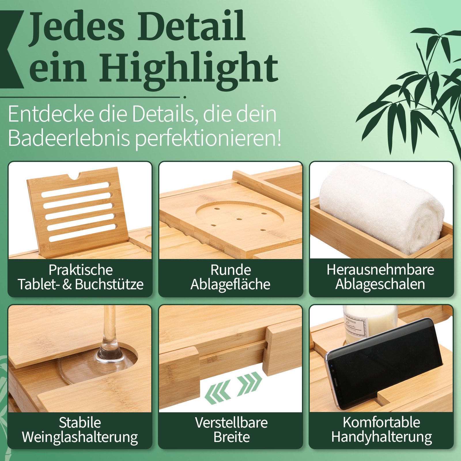 HEIMWERT Badewannenablage Badewannentablett Frühstückstablett mit Beinen, Ablage Badewanne - Extragroß mit ausklappbarem Ständer