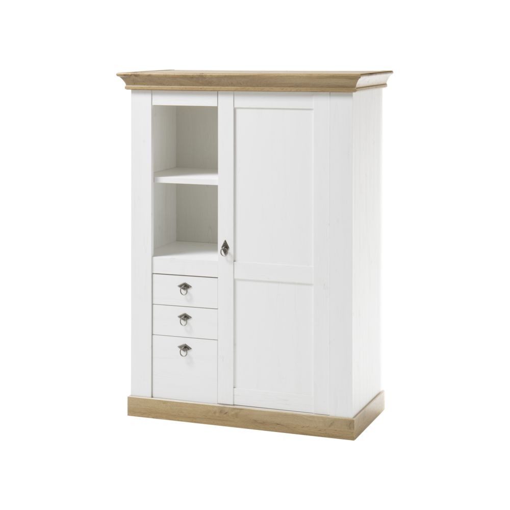 Lomadox Kommode LINARES-61, Pinie weiß matt Absetzungen Wotan Eiche Nb. - 102/139/44 cm