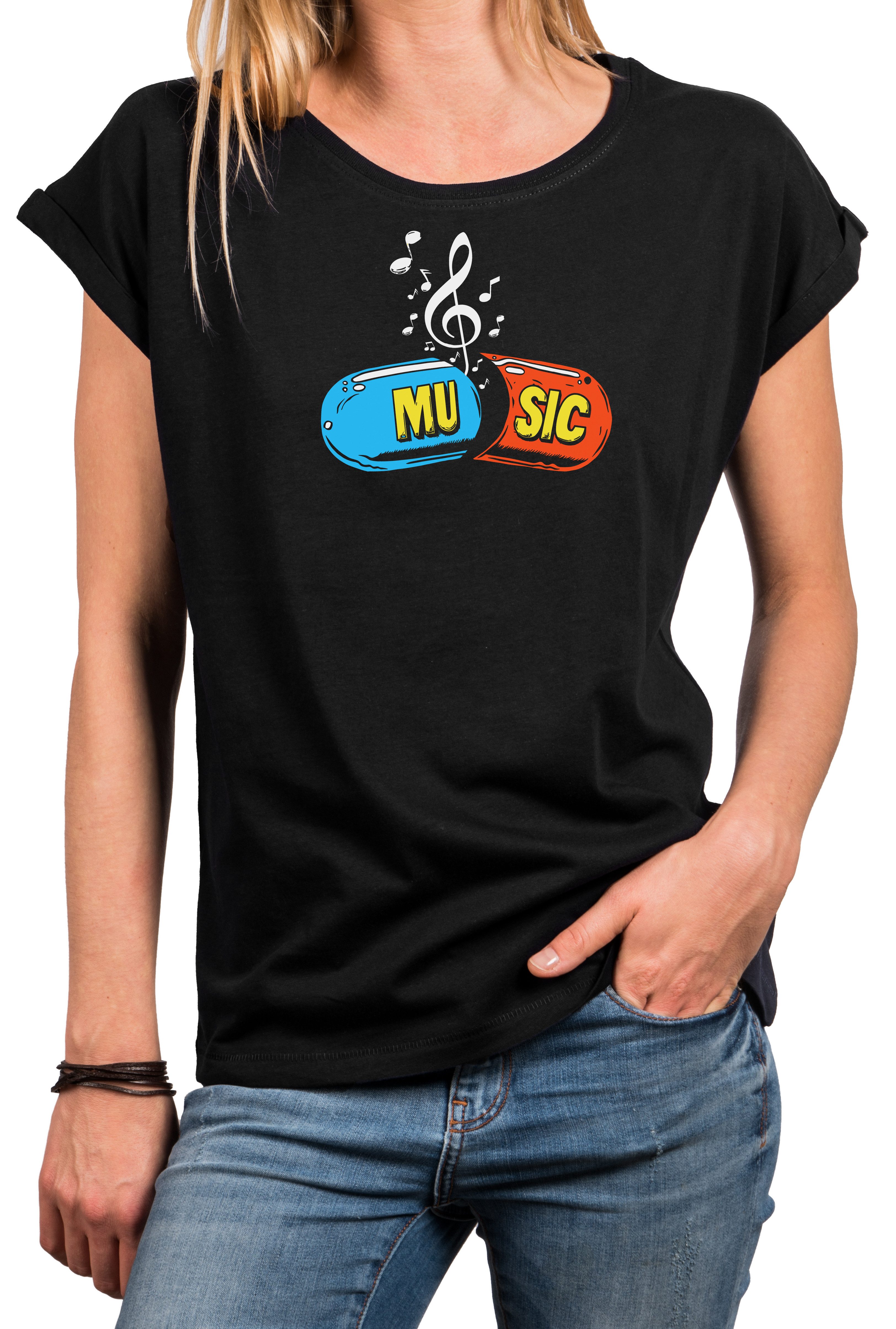 MAKAYA T-Shirt Sexy Damen Top mit Techno Pill Motiv, Disco & Festival Style (Schwarz, Blau, Dunkelgrau, 34, 36, 38, 40, 42, 44, 46, 48, 50) Baumwolle