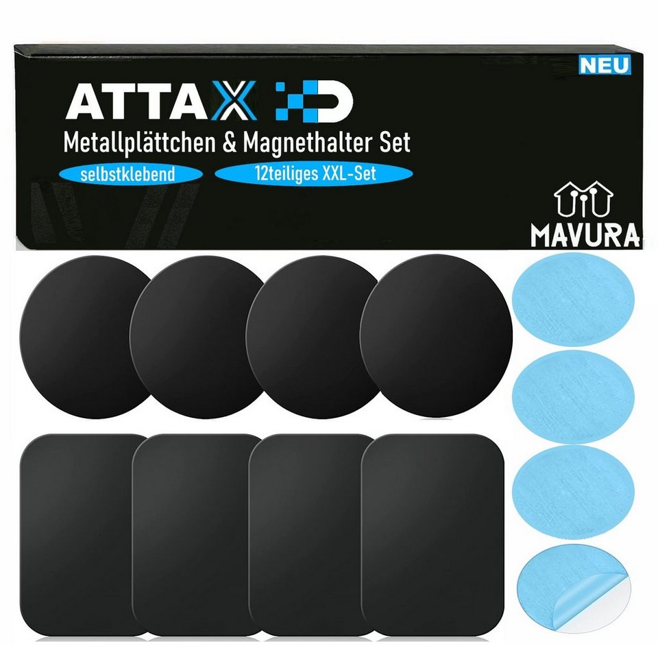 MAVURA Magnethalter ATTAX Metallplättchen mit Magnethalter selbstklebend,  für KFZ Handy Smartphone Rauchmelder etc. - XXL Set [12teilig]