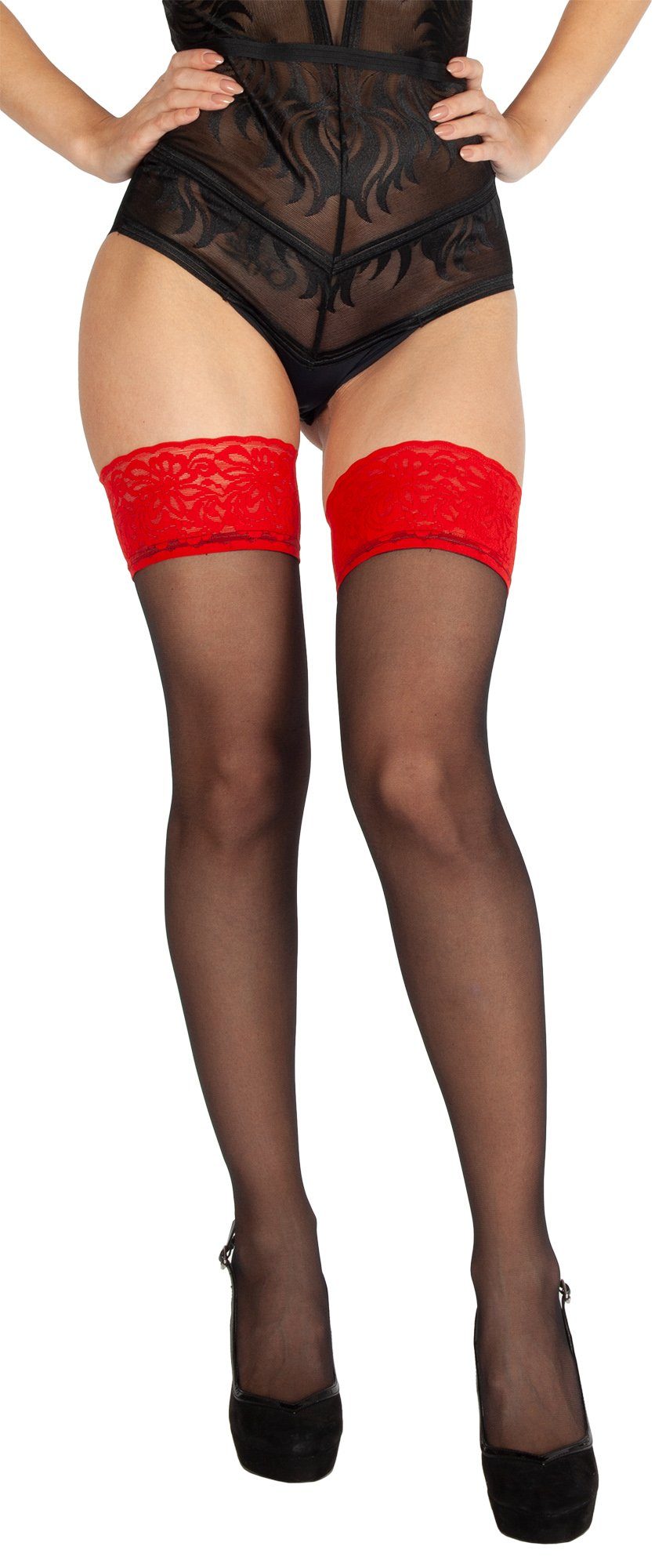 BANANALU Halterlose Strümpfe XS bis 4XL Spitzenbund 9 cm Blumenmuster sexy Overknee strümpfe (1-Paar)