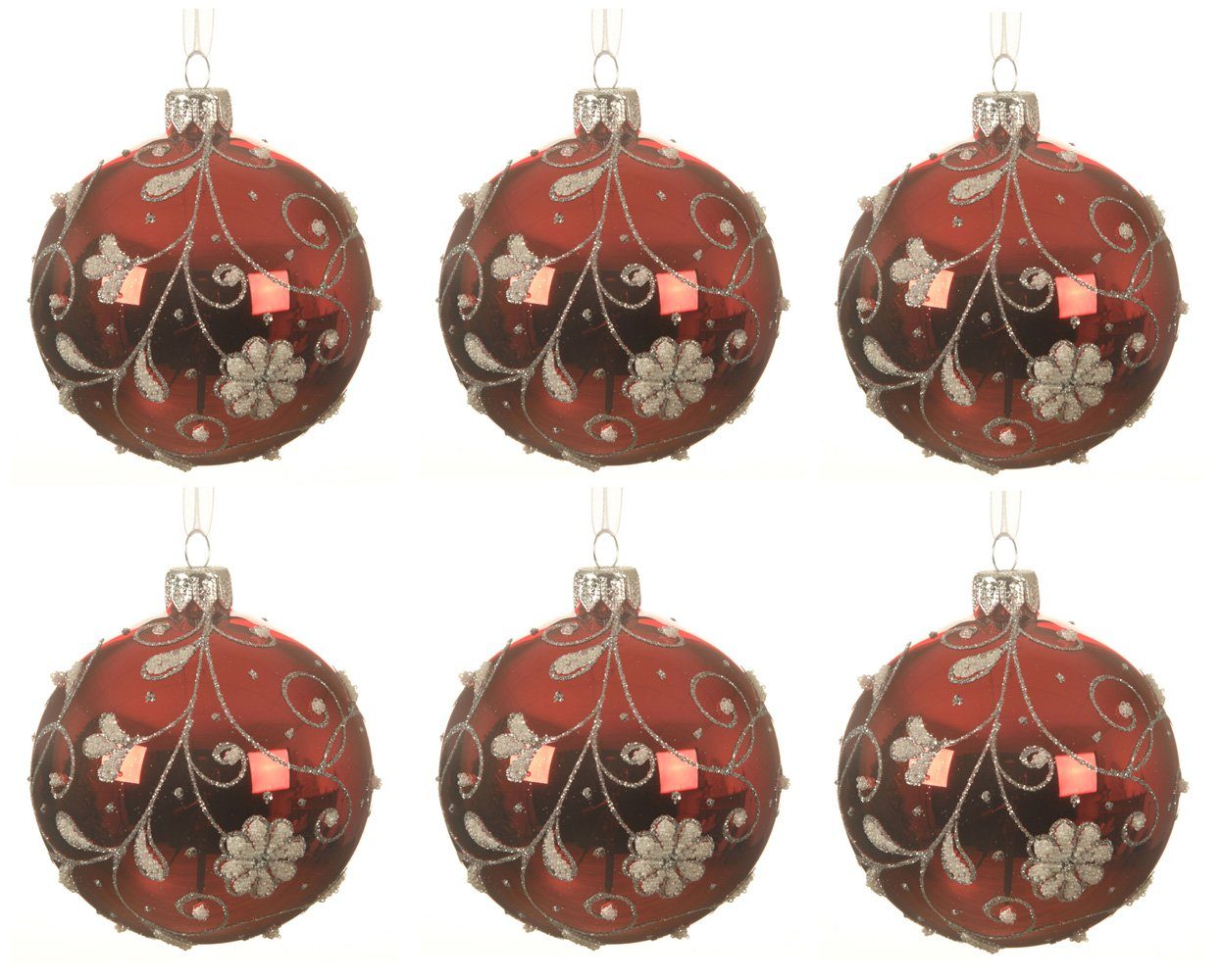 Decoris season decorations Weihnachtsbaumkugel, Weihnachtskugeln Glas 8cm mit Blumen / Ranken Motiv 6er Set rot