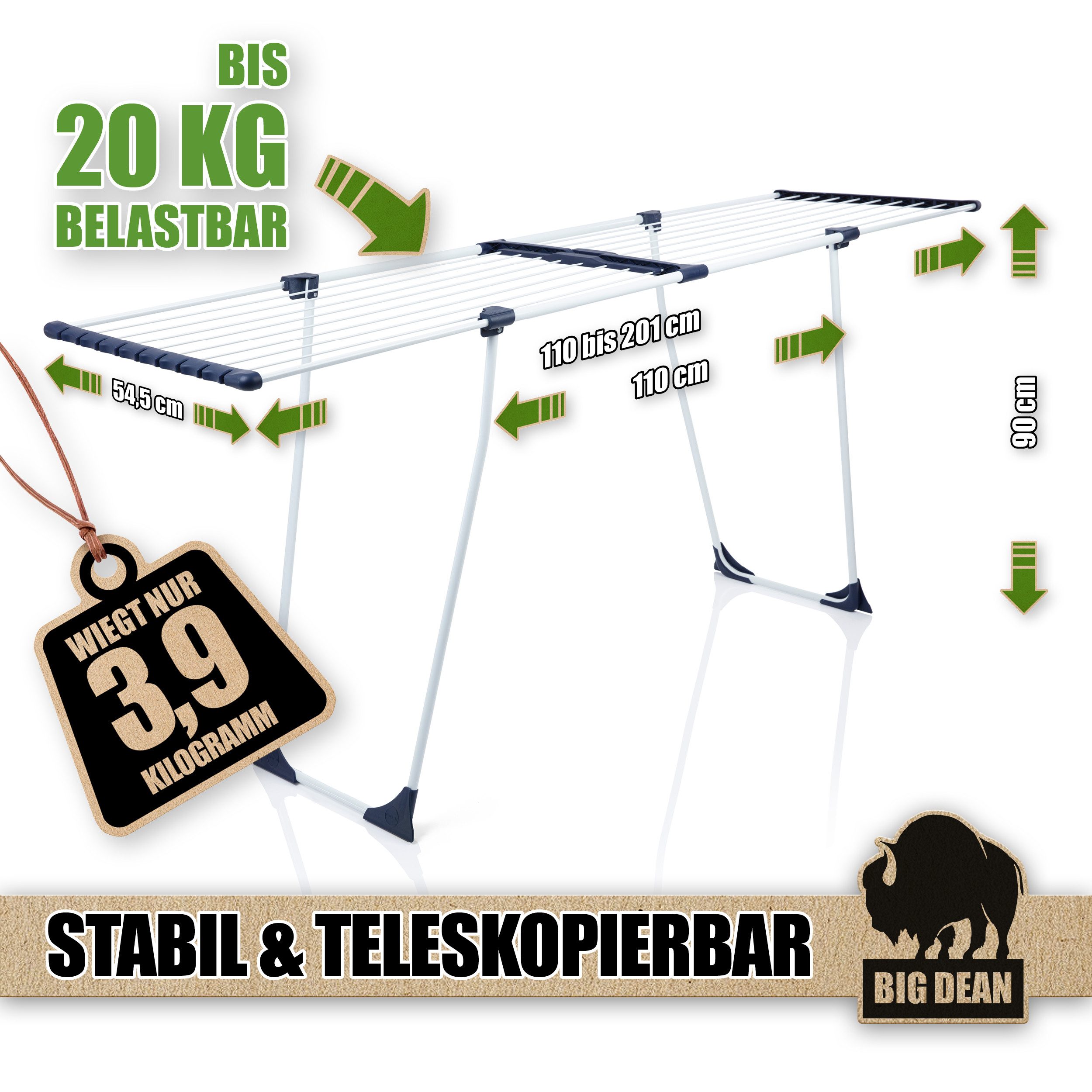 BigDean Wäscheständer Standtrockner ausziehbar 20m XXL zusammenklappbar weiß - stabil, Stahlkonstruktion, Kleinteile Klemme, Ausziehflügel