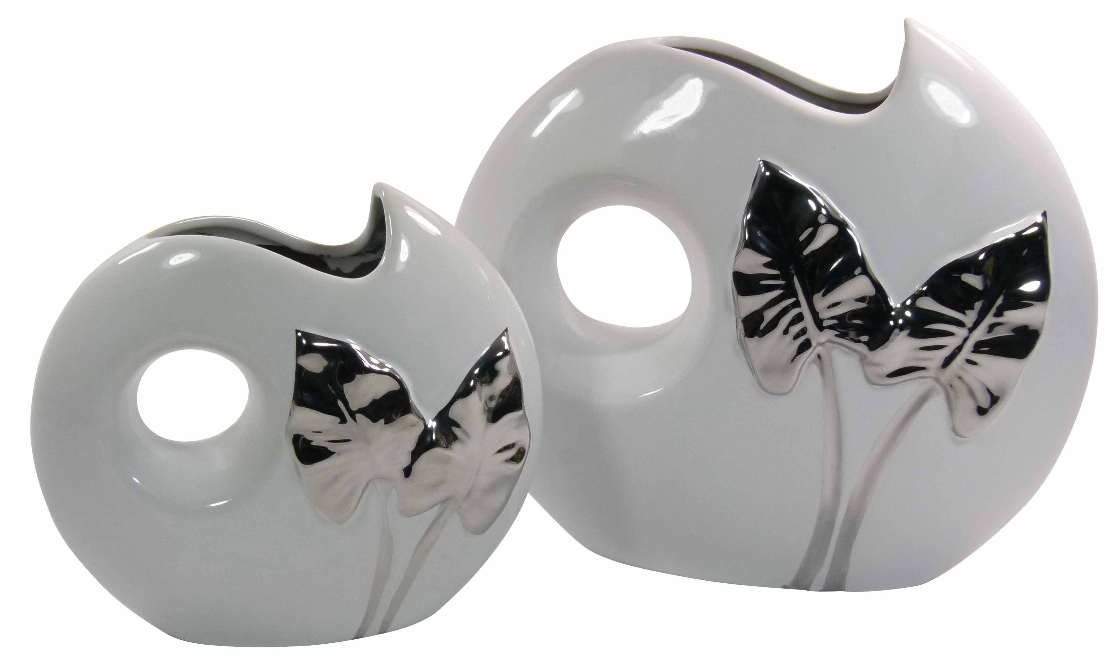 GlasArt Tischvase Blumenvase "Silberblatt" Dekovase 16-22cm hoch weiß und silber, edel und modern (Einzelprodukt, 1 St., Kein Set), Keramik