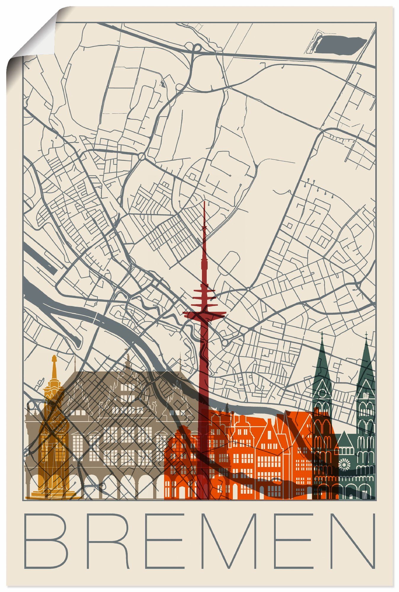 Karte oder Bremen, Deutschland Wandbild Alubild, versch. Poster Artland in Leinwandbild, als Wandaufkleber Retro (1 St), Größen