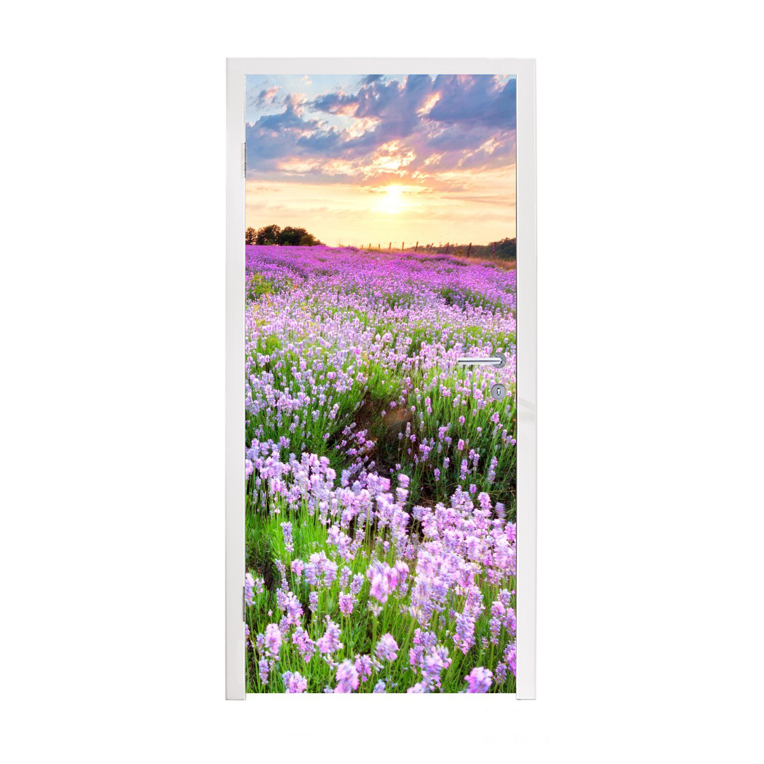 MuchoWow Türtapete Blumen - Lavendel - Lila - Himmel - Sonnenuntergang - Wiese - Natur, Matt, bedruckt, (1 St), Selbstklebende Tapete, Folie für Möbel, 75x205 cm