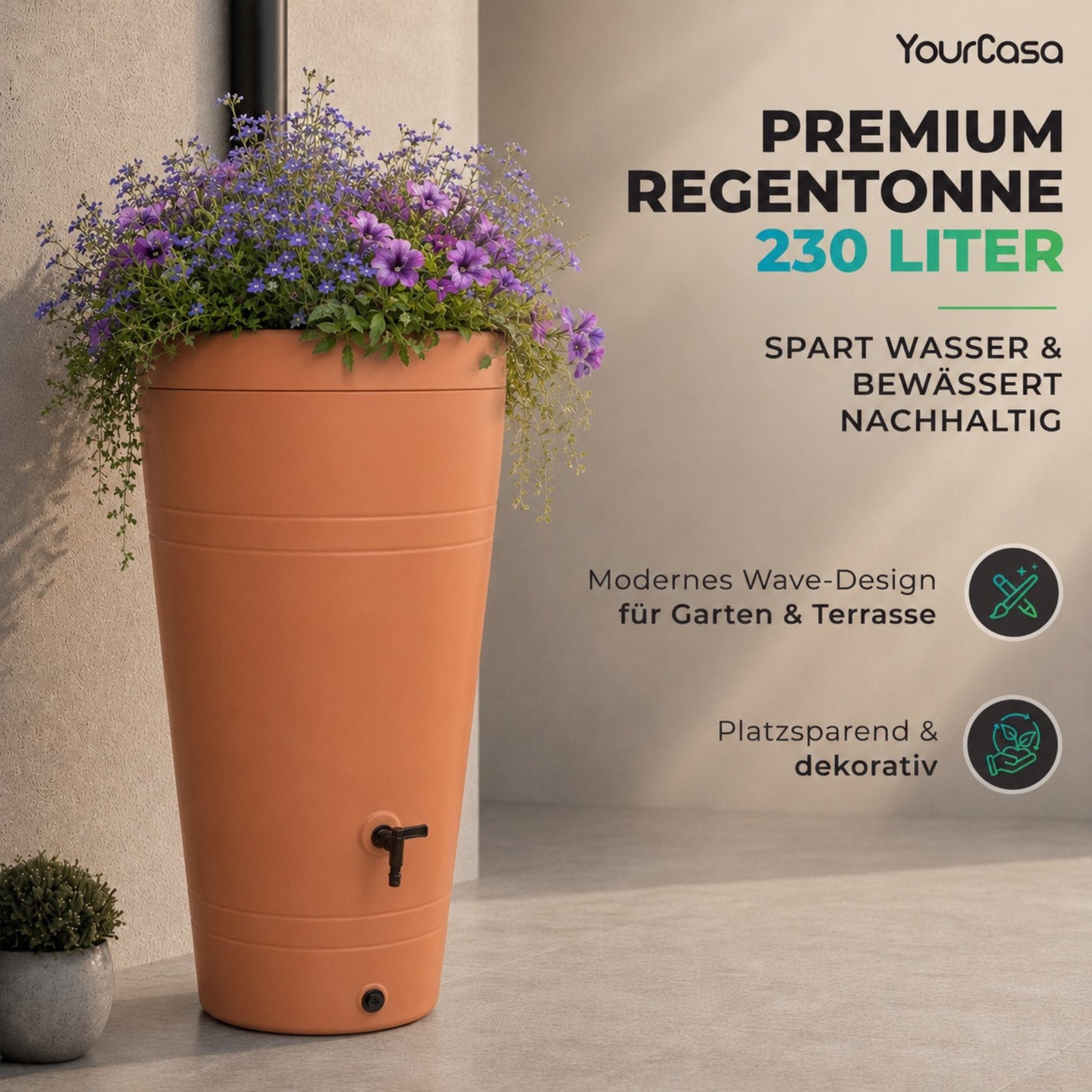 YourCasa Regentonne 230 Liter [Decore ] mit Pflanzeinsatz - Regenfass aus Kunststoff, bepflanzbarer Deckel, mit Wasserhahn,240L