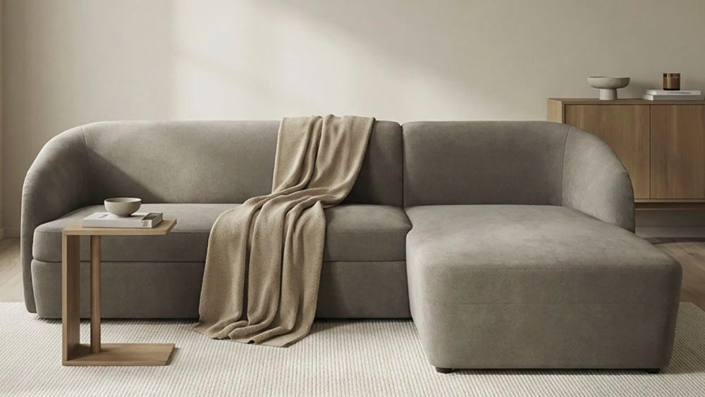 DOMO collection Ecksofa Orbis, modernes, klares Design mit schmalen, abgerundeten Armlehnen, whlw. mit Bettfunktion u./o. Bettkasten, aus Luxus- Microfaser