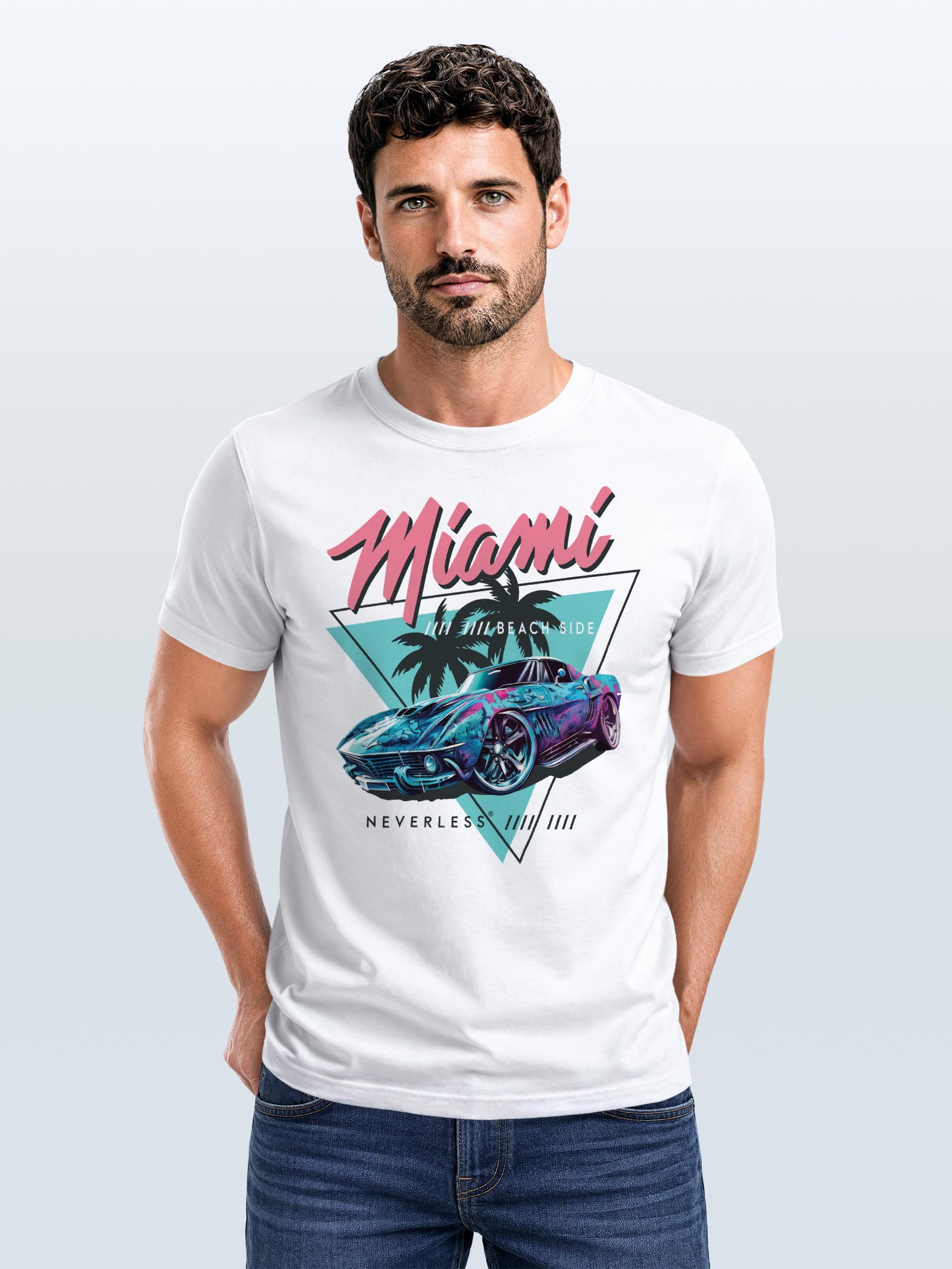 Neverless Print-Shirt Herren T-Shirt Bedruckt Miami Beach Surfing Motiv USA Retro Automobil mit Print