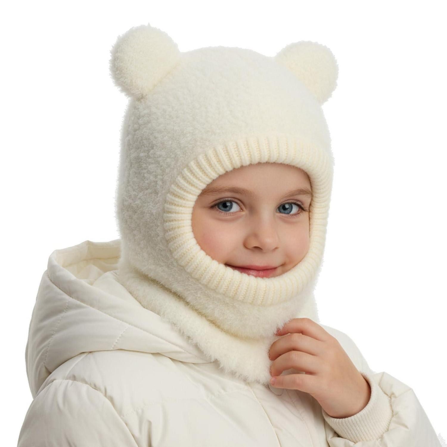 LuxusKollektion Sturmhaube Schlupfmütze Kinder Wintermütze Beanie Sturmhaube Bommel Weiß