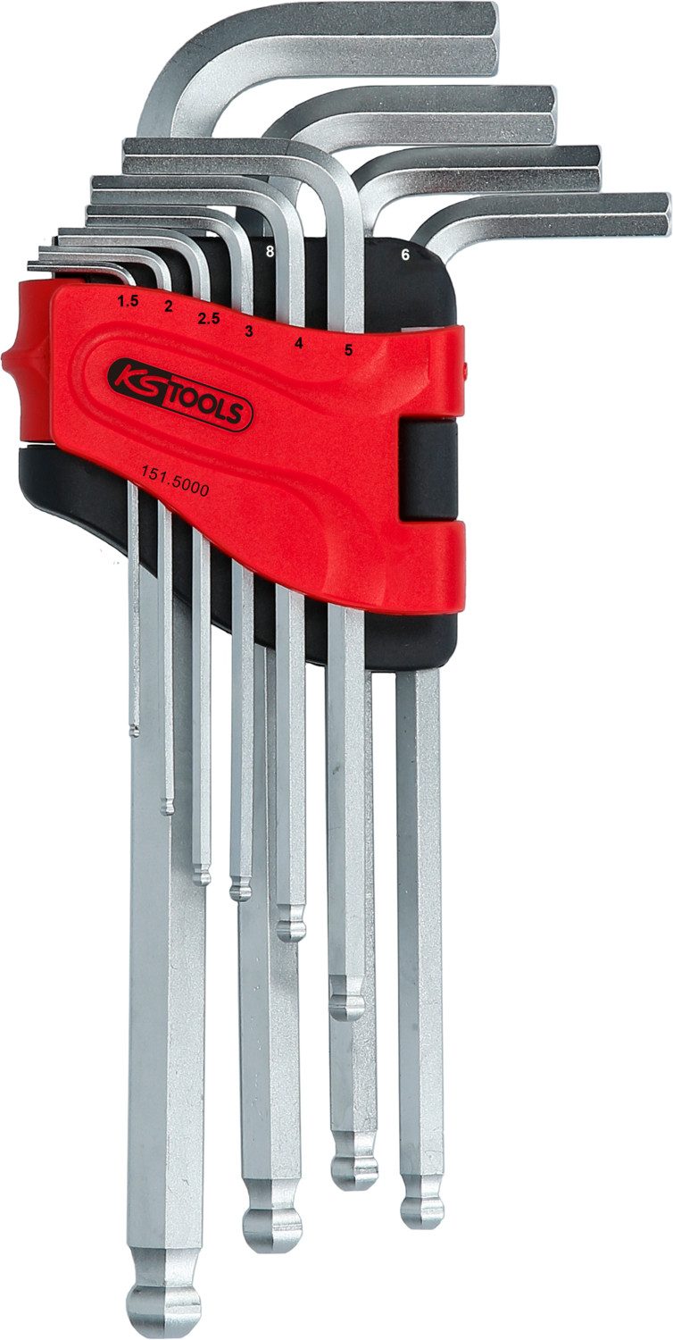 KS Tools Innensechskantschlüssel Kugelkopf-Innensechskant-Winkelstiftschlüssel-Satz, lang, 10-tlg (15