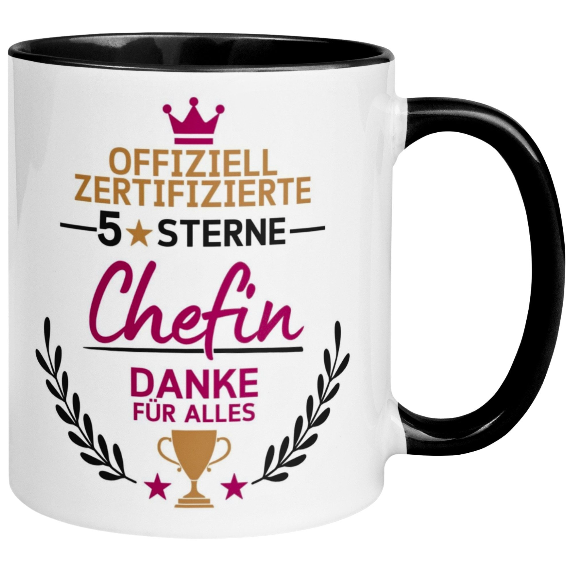 Momentals Tasse Chefin – „Offiziell zertifizierte 5-Sterne Chefin“ – Abschiedsgeschenk, Gratis Versand · Links-&Rechtshänder · Spülmaschinenfest