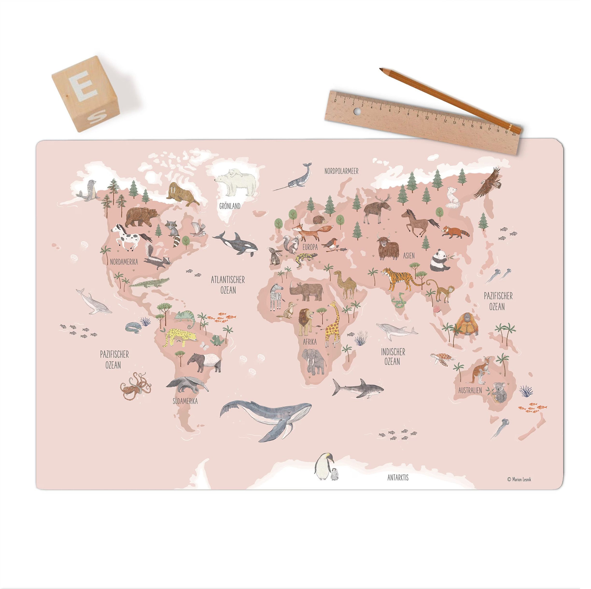 scriptum Schreibtischunterlage für Kinder – „Weltkarte Tiere rosa“ – 60 x 40 cm – aus Premium Vinyl, (1 tlg) – Bild 2 von 5