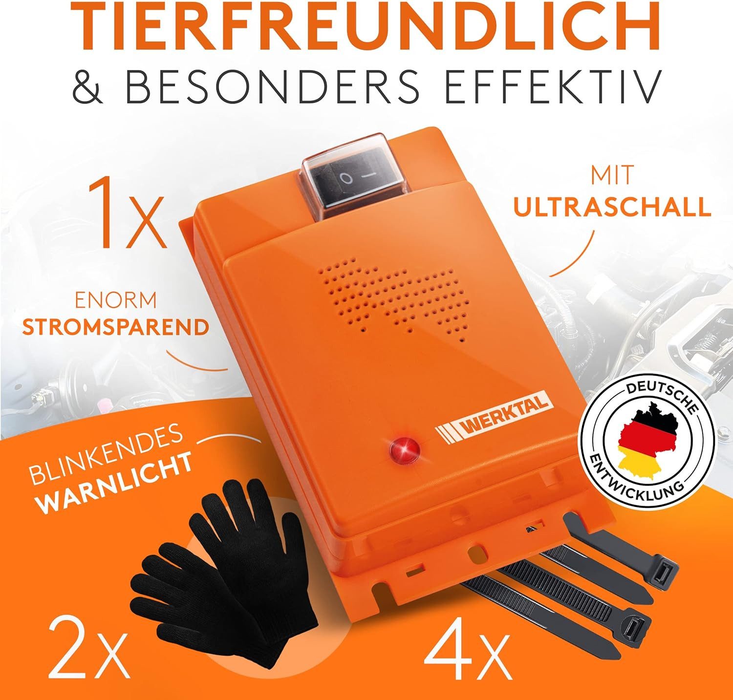 Werktal Ultraschall-Tierabwehr Marderschreck fürs Auto - Ultraschall & Blitzlicht, Autobatteriebetrieben, Automatischer Marderschreck