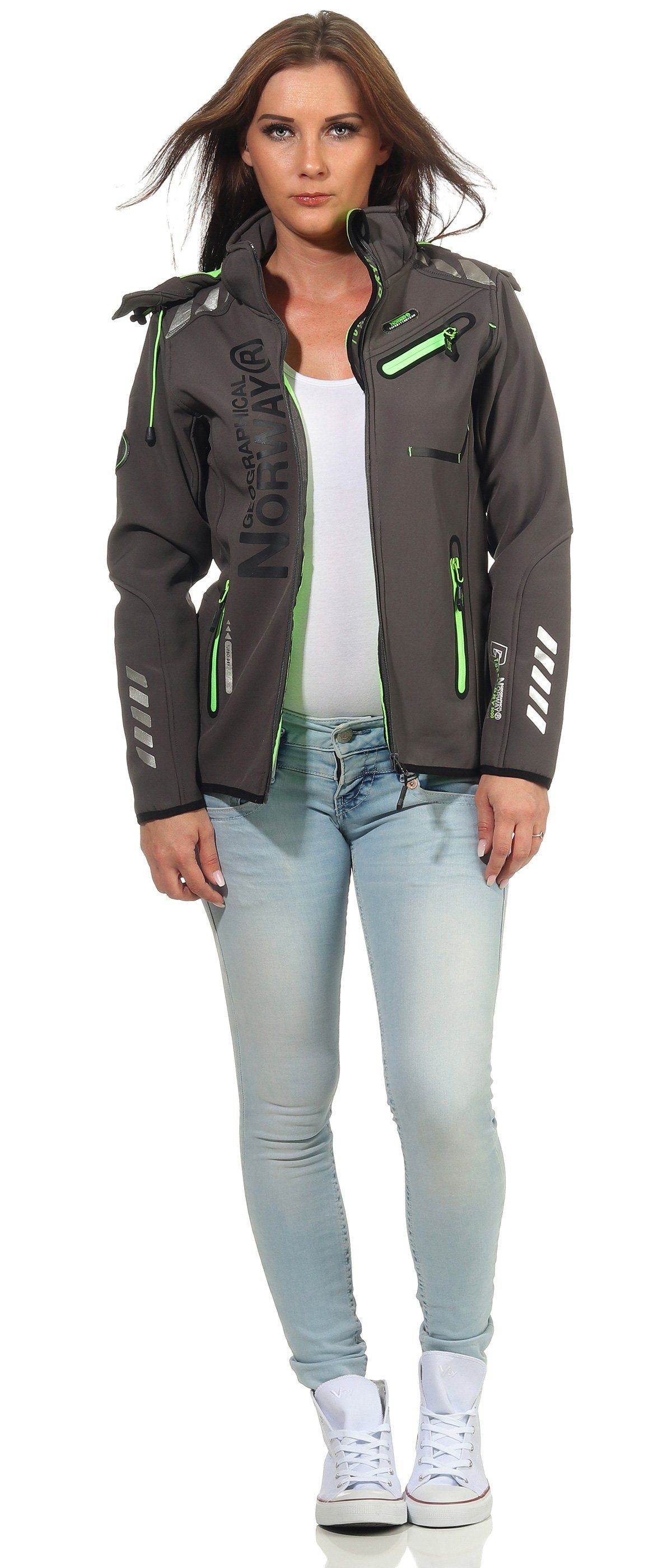 Geographical Norway Softshelljacke Damen Softshell Windbreaker Regen Outdoor Jacke in Unifarbe, mit abnehmbarer Kapuze, mit Stehkragen