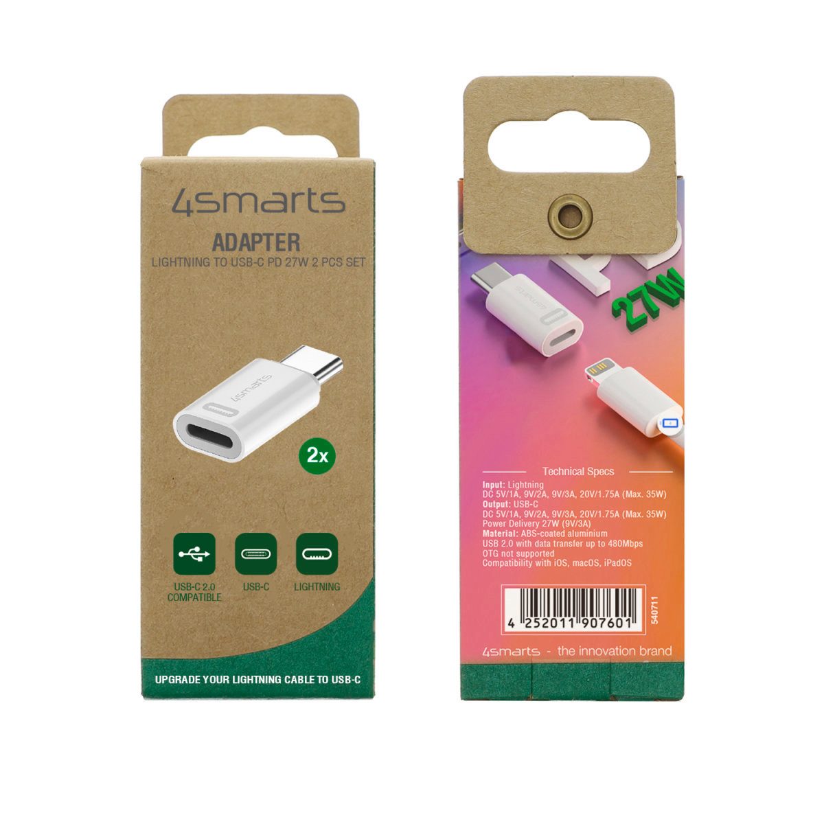 4smarts Adapter Lightning auf USB-C PD 27W USB-Adapter USB-C zu Lightning