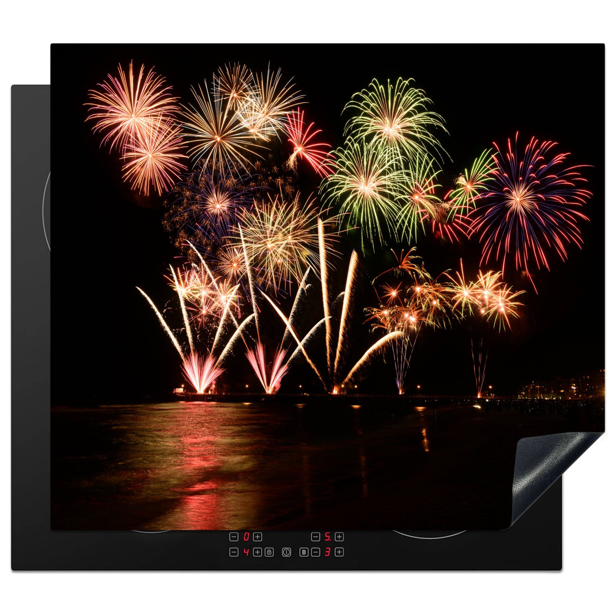 MuchoWow Herdblende-/Abdeckplatte Feuerwerk an der Uferpromenade, Vinyl, (1 tlg), 59x52 cm, Ceranfeldabdeckung für die küche, Induktionsmatte