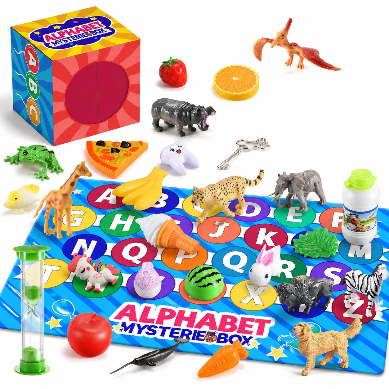 Wootoy Lernspielzeug Alphabet Lernbox Buchstaben-Zuordnungs- und Sortierspiel Lernspiel (mit 26 Figuren, Sanduhr und Buchstabentafel, 1-St., Unterschiedliche Motive wie Tiere Früchte weitere Alltagsgegenstände), ideal für Zuhause Kindergarten und unterweg