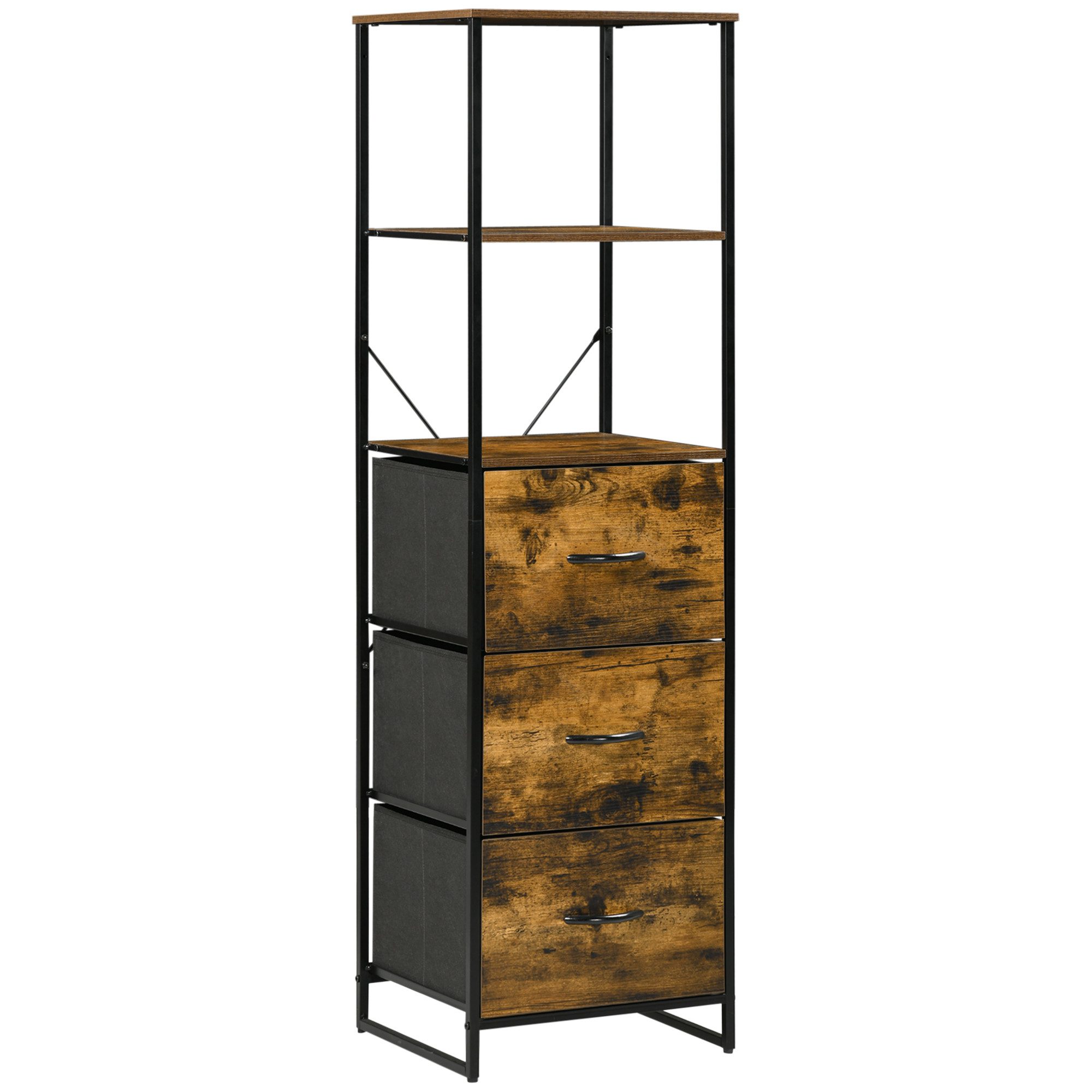 HOMCOM Kommode Sideboard mit 3 Schubladen aus Stoff, Regal und Griff (Regal und Griff, 1 St., Aufbewahrungsschrank mit Industrial Design), für Wohnzimmer Rustikal-Braun