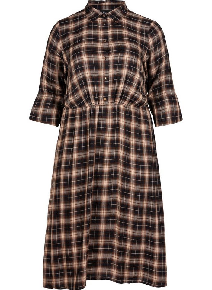 Zizzi Maxikleid Große Größen Damen mit 3/4-Ärmeln und Karo-Muster in