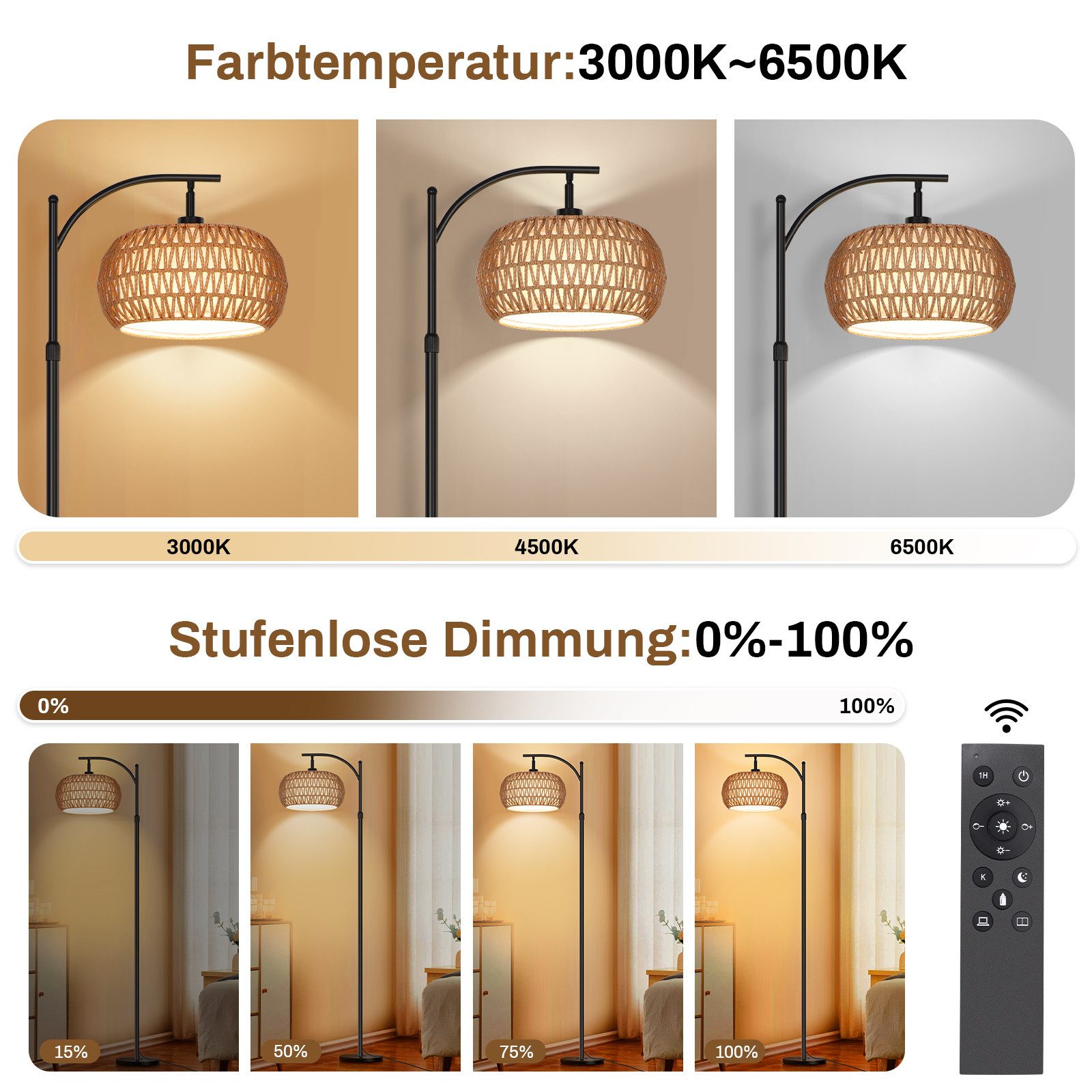 Sunicol LED Stehlampe Doppelter Lampenschirm Stehlampe mit Fernbedienung und Smart Glühbirne, Dimmbar Rattan Stehlampe, App-Steuerung, für Wohnzimmer Schlafzimmer