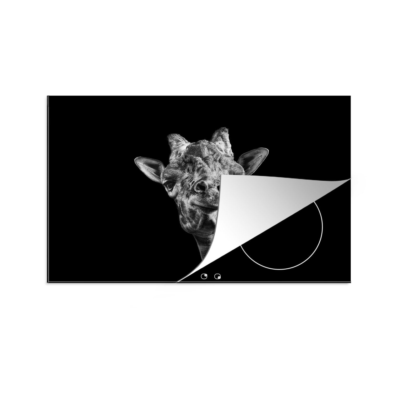 MuchoWow Herdblende-/Abdeckplatte Giraffe - Tier - Schwarz - Weiß, Vinyl, (1 tlg), 81x52 cm, Induktionskochfeld Schutz für die küche, Ceranfeldabdeckung