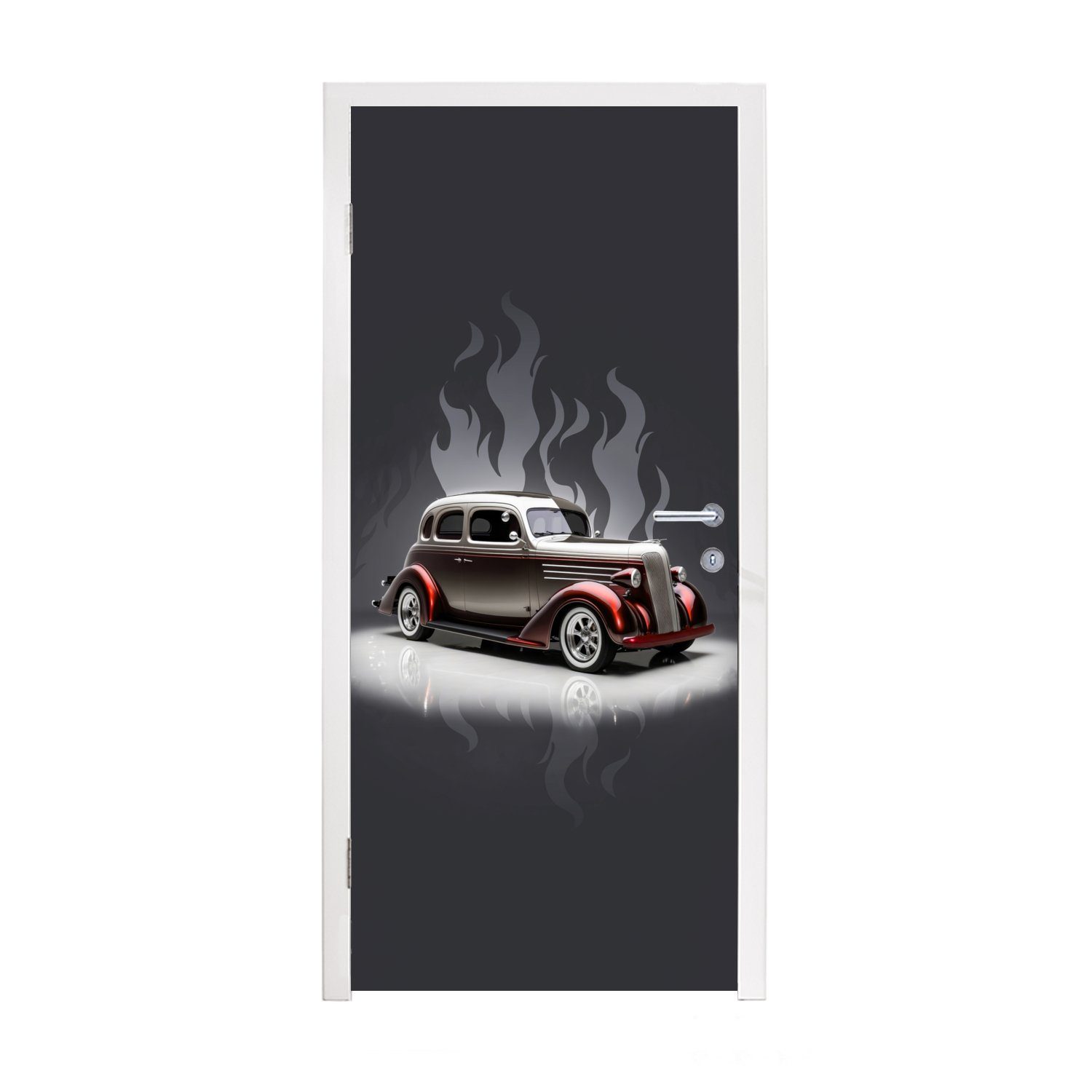 MuchoWow Türtapete Auto - Weiß - Flammen - Vintage, Matt, bedruckt, (1 St), Fototapete für Tür, Türaufkleber, 75x205 cm