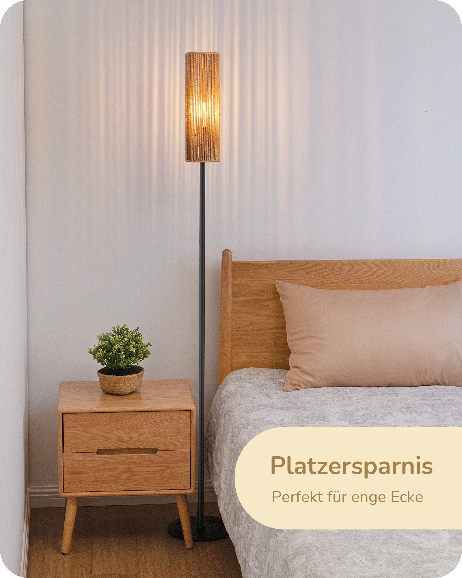 EDISHINE Stehlampe Wohnzimmer, LED wechselbar, warmweiß, Boho Stehlampe mit Lampenschirm aus gewebtem Seil