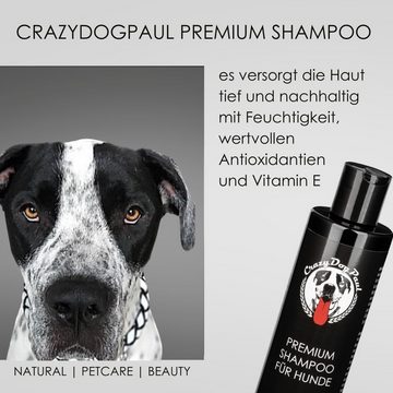CrazyDogPaul Tiershampoo PREMIUM Shampoo incl. Schutz vor Parasiten für Hunde, 250 ml, (mit wertvollen Olivenöl, für gesunde Haut, glänzendes Fell), Schutz vor Zecken, Flöhen, Milben, Läusen, gegen Juckreiz