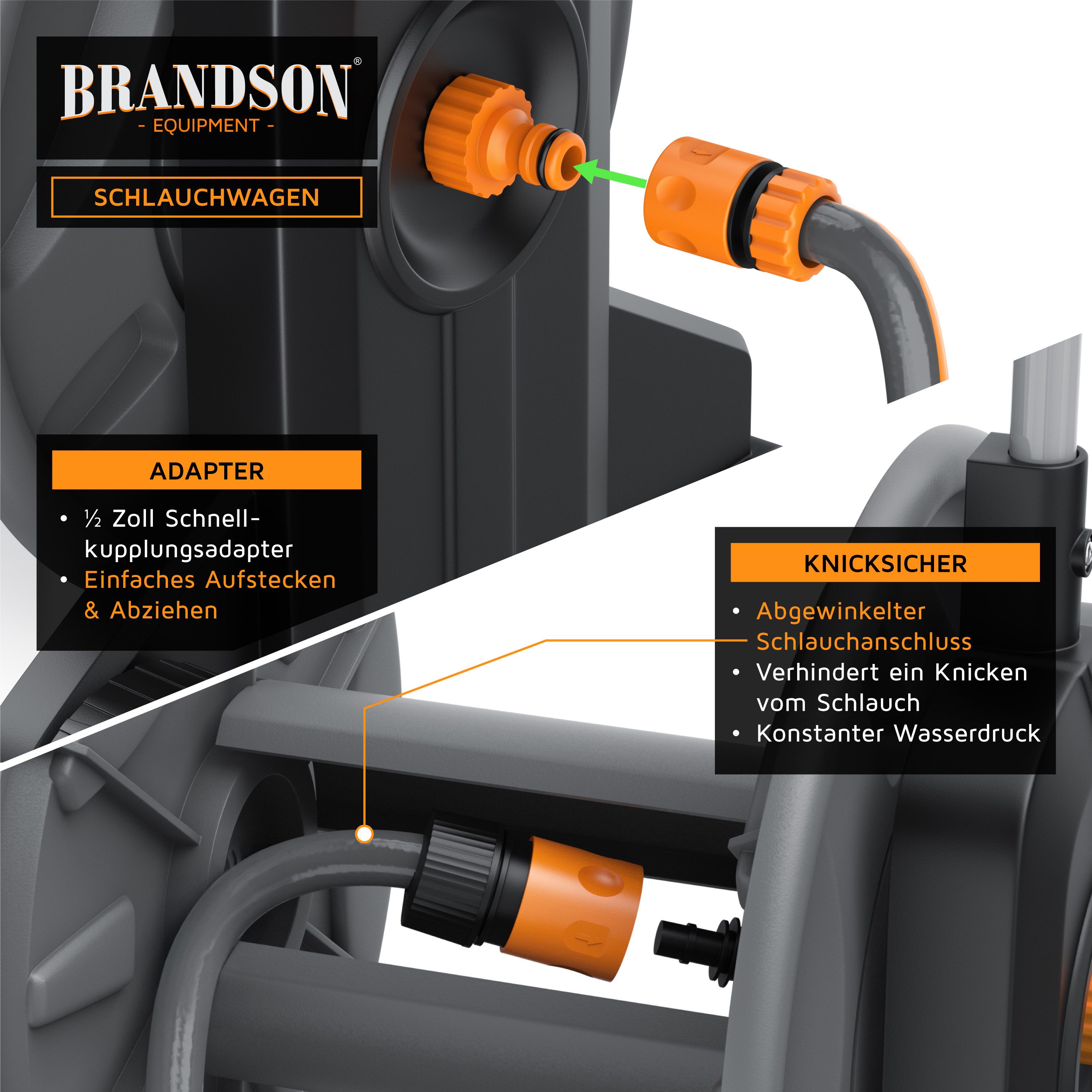 Brandson Schlauchwagen Schlauchtrommel inkl. 25 m Schlauch, automatische Schlauchführung, (Set, mit 25 m Schlauch, 2 m Zuleitung und Düse), Aufrollhilfe mit Fußpedal, Gardena-kompatibel, 2 m Zuleitung