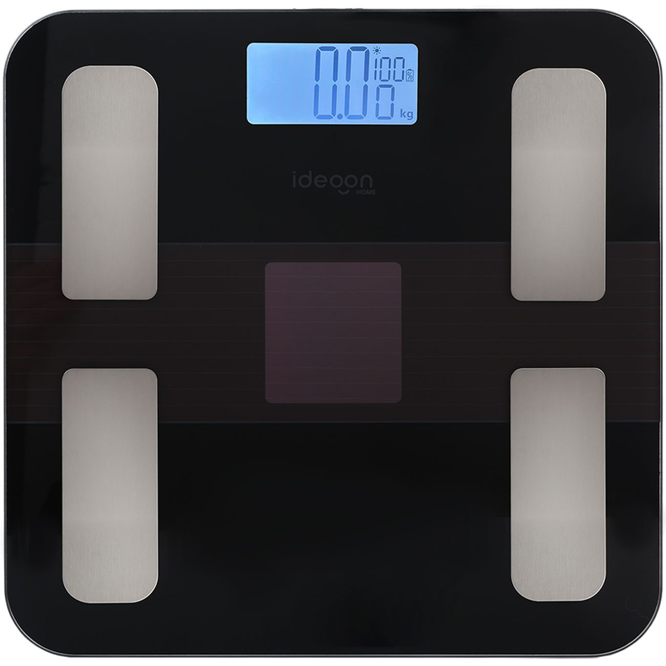 shop'n smile ideoon Körper-Analyse-Waage Körperanalyse-Waage bis 180kg Solar Akku Glas Körperfettwaage App, 4 Sensoren, LED, BMI/Fett/Wasser, App, Bluetooth, bis 180 kg