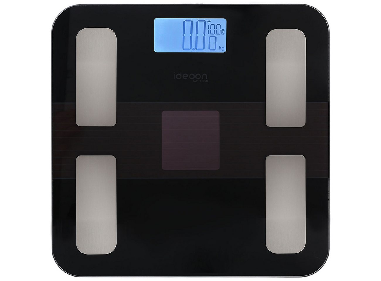 shop'n smile ideoon Körper-Analyse-Waage Körperanalyse-Waage bis 180kg Solar Akku Glas Körperfettwaage App, 4 Sensoren, LED, BMI/Fett/Wasser, App, Bluetooth, bis 180 kg